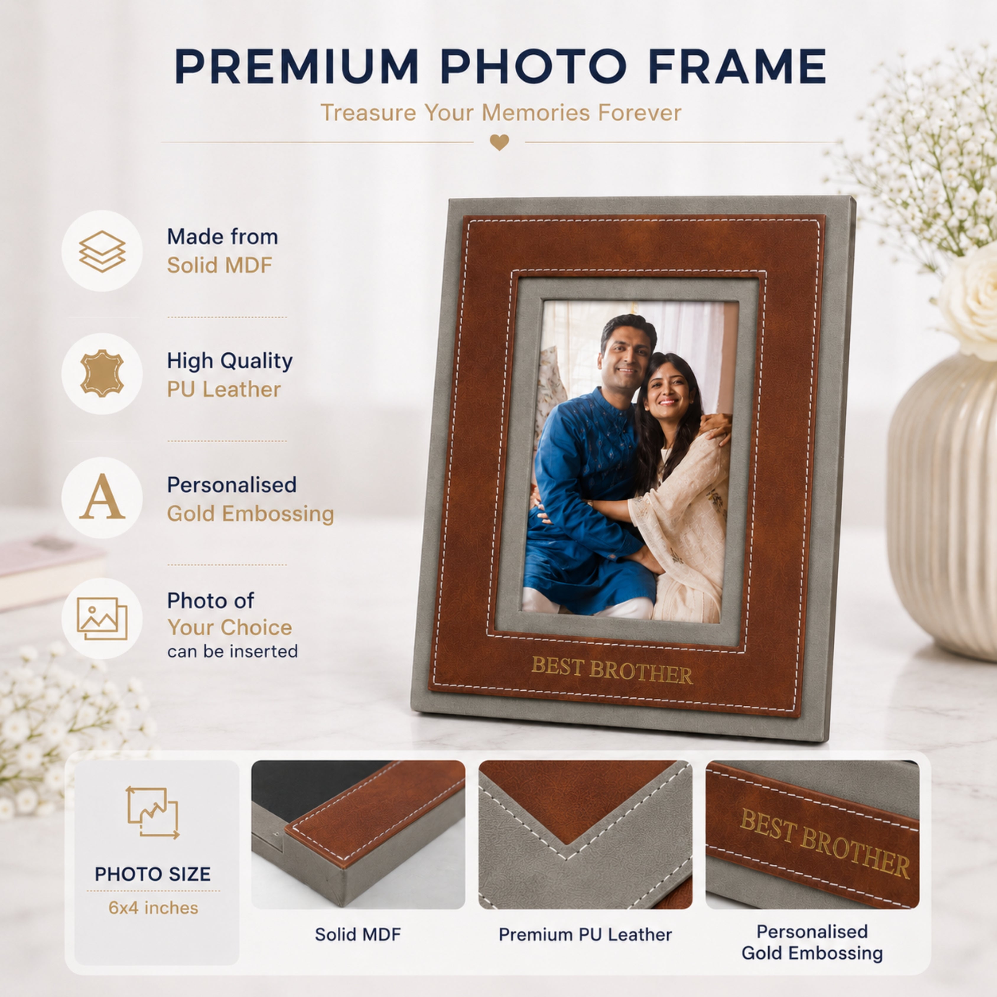 A premium photo frame set displayed on a light marble surface with decorative flowers in the background. The main product is a rectangular solid MDF frame with a brown leather-look border, gold embossed 'BEST BROTHER' text, and a sample photo of a couple.