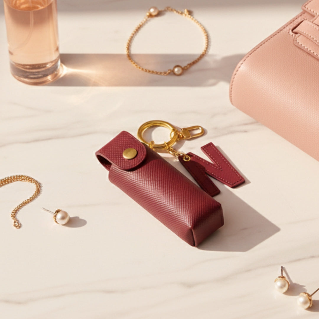 Red leather case with gold accents on a light surface with jewelry items.