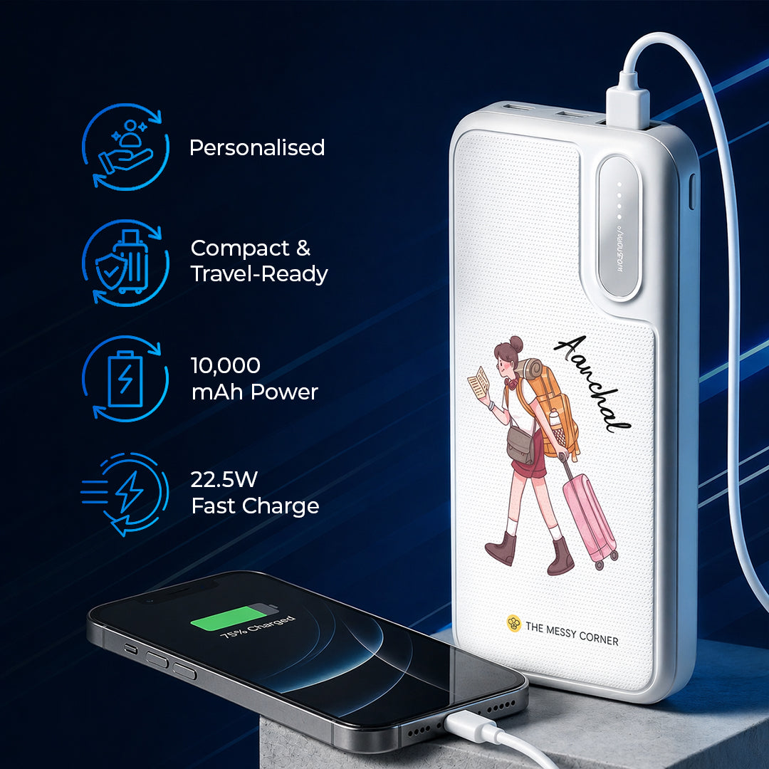 Portable power bank with charging phone on a dark blue background