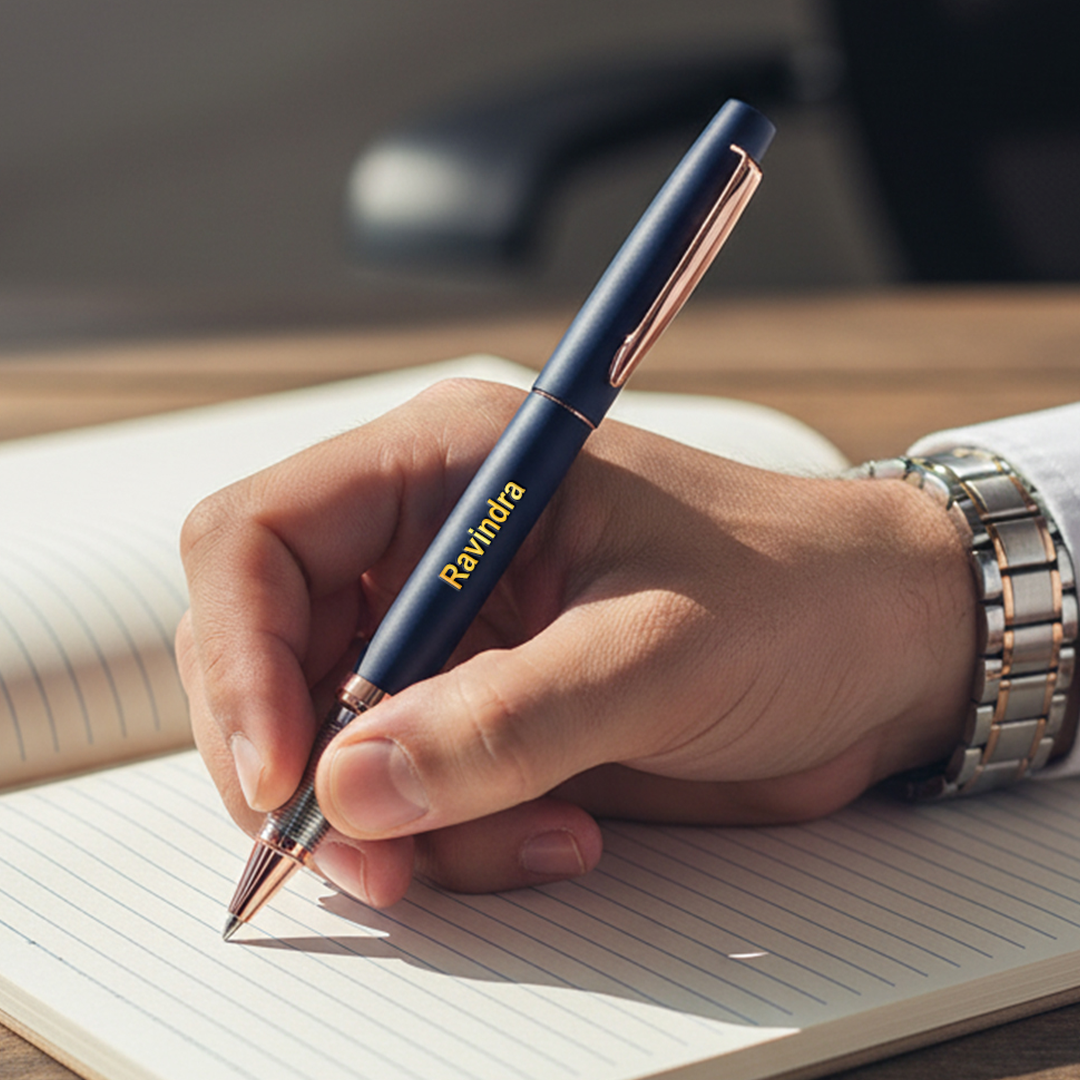 A navy blue pen with rose gold accents, writing in a notebook. men gifting.
