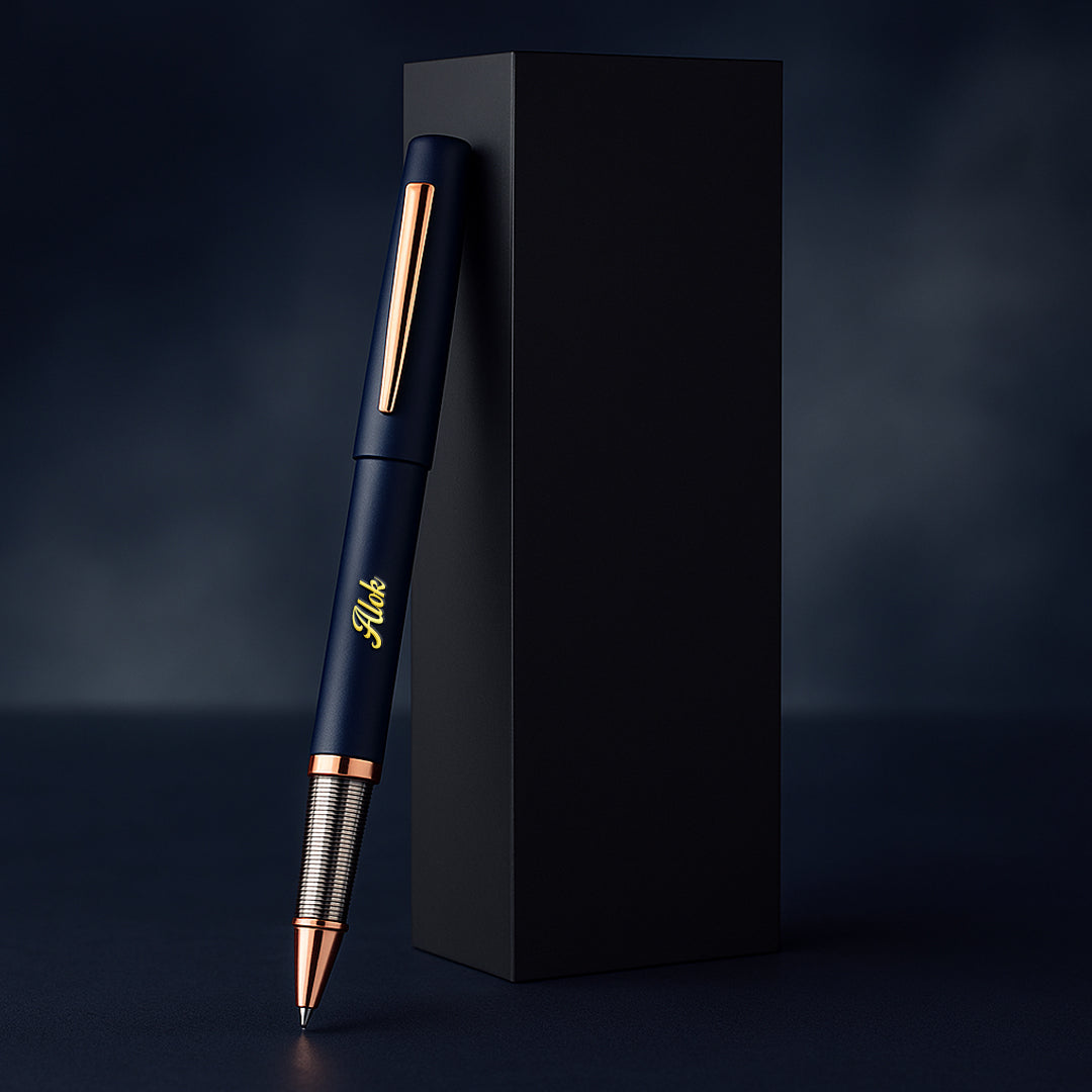 Luxury metal pen with rose gold accents on a dark background