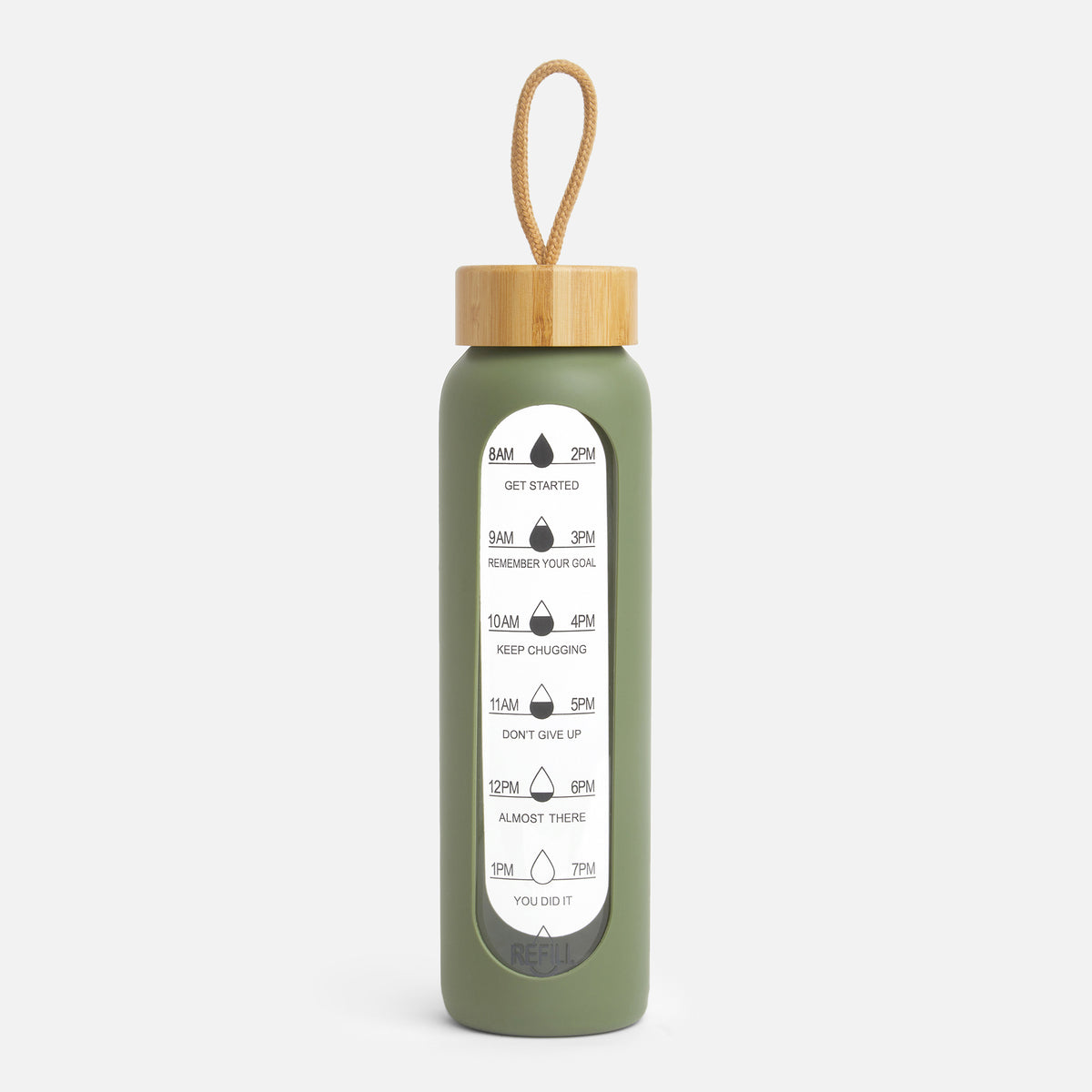 Hydro Tracker – Motivational Water Bottle with Time Markers & Bamboo Lid - Green