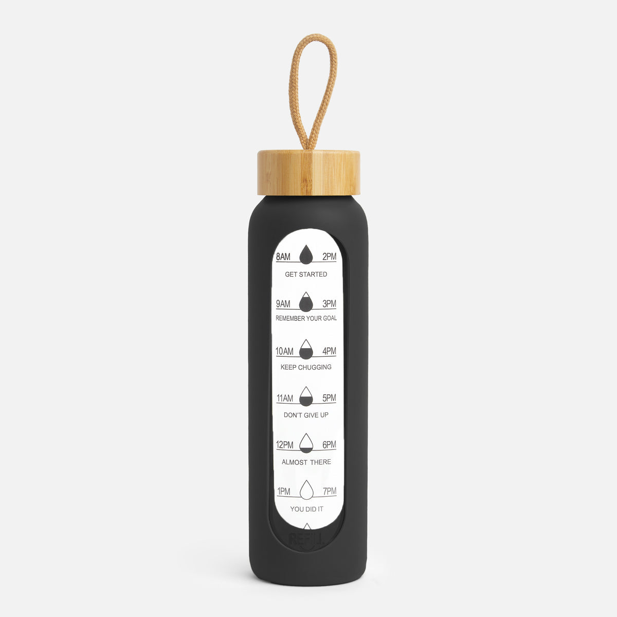 Hydro Tracker – Motivational Water Bottle with Time Markers & Bamboo Lid - Black