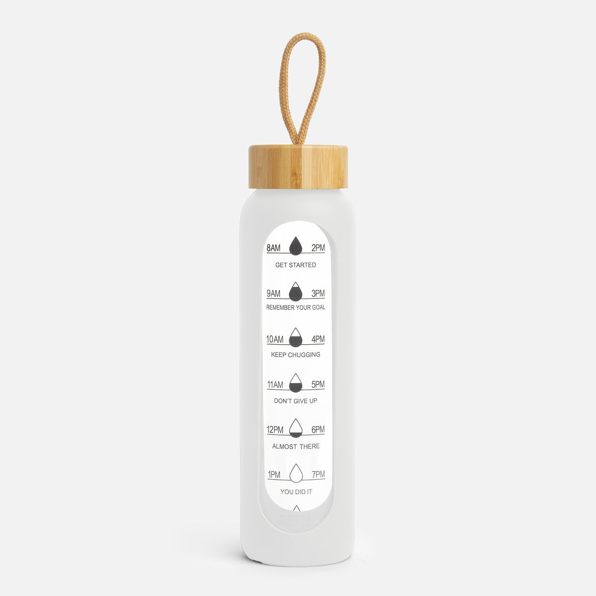 Hydro Tracker – Motivational Water Bottle with Time Markers & Bamboo Lid - White