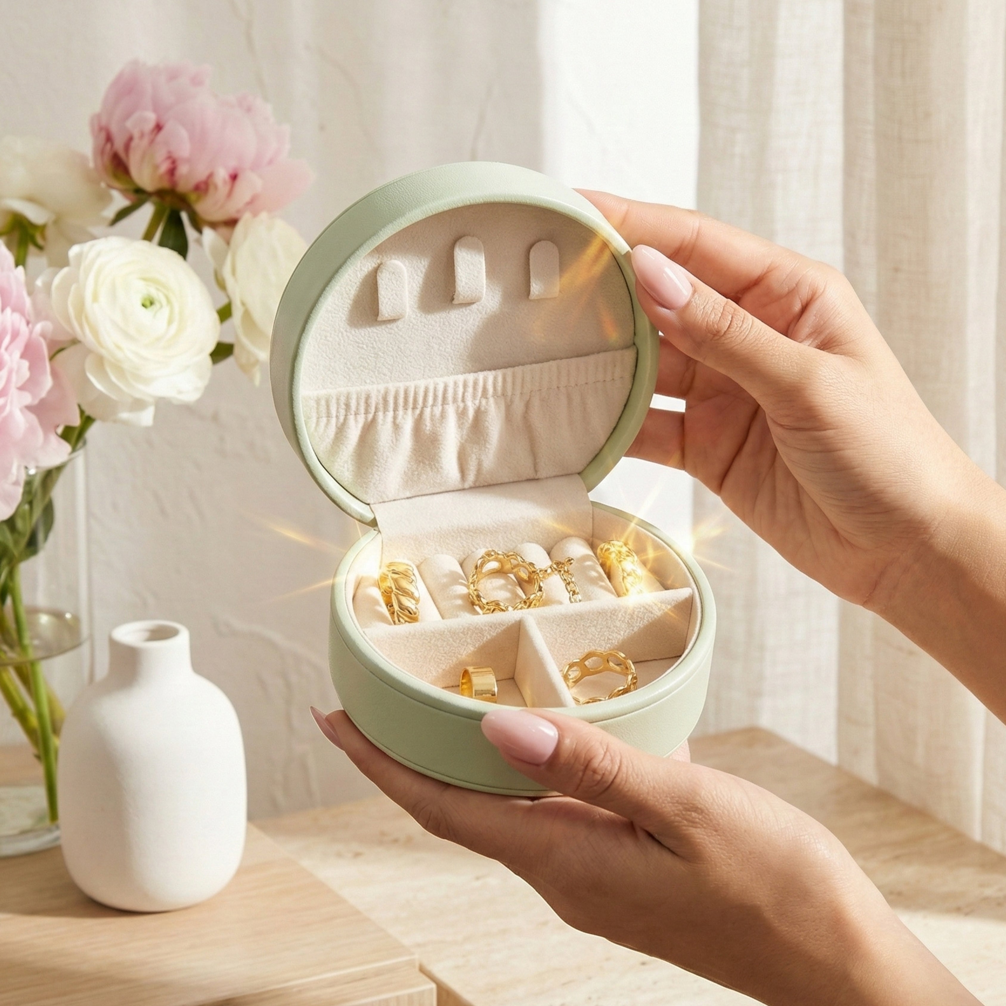 Stella Zip Travel Jewellery Box | Compact & Stylish Organizer- Light Green