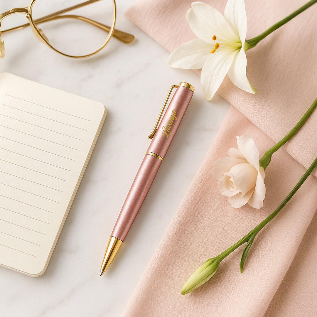 Rose gold pen with gold accents on a light surface with flowers and a notebook.