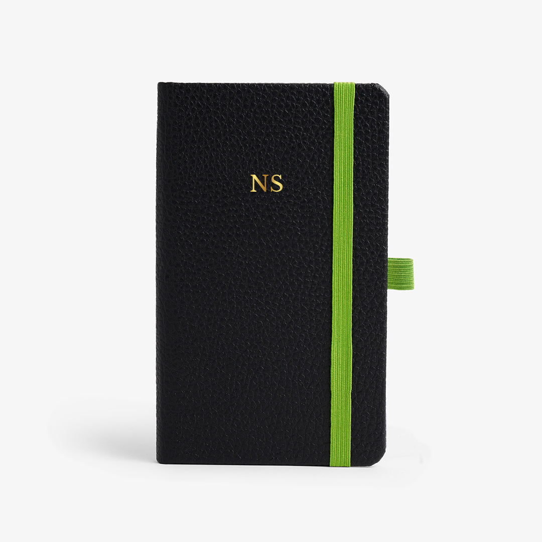 Personalised Hardbound Notebook (A6) - Black with Green Strap