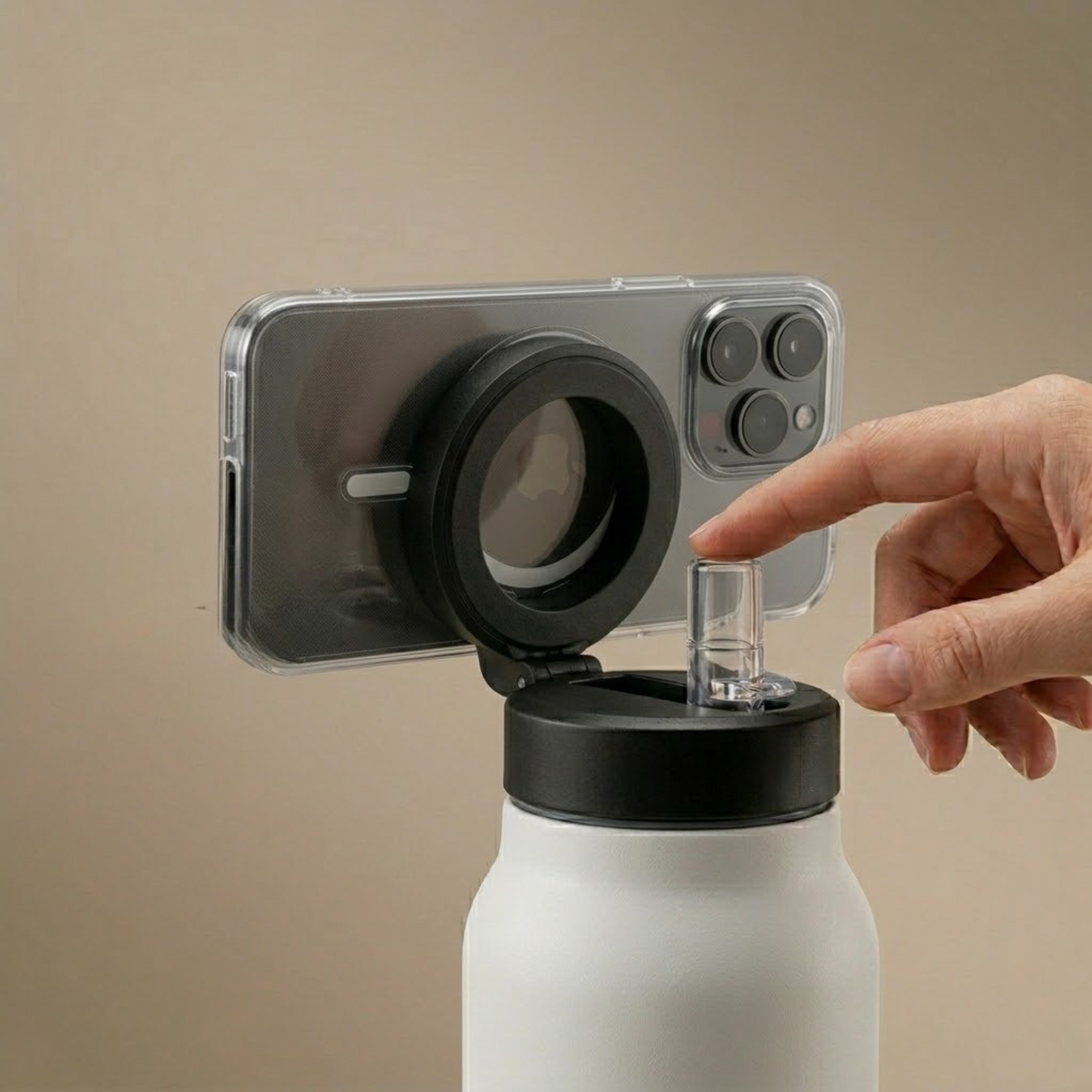 AquaStand - Insulated Water Bottle with Magnetic Phone Mount & Sip Straw Lid - White