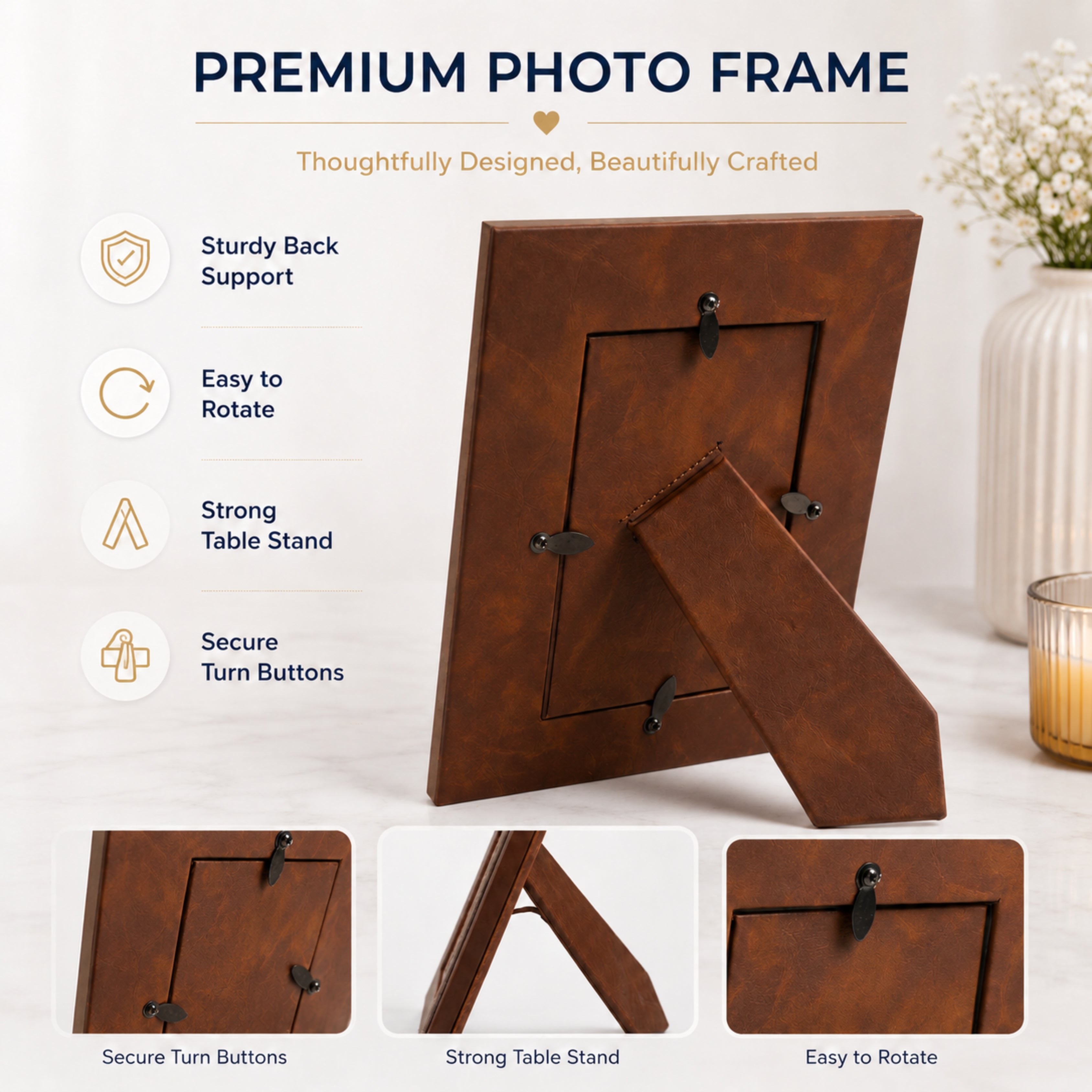 A premium brown wooden photo frame shown standing open on a light tabletop, with feature callouts including sturdy back support, easy rotation, strong table stand, and secure turn buttons. Three small detail insets at the bottom highlight the turn buttons, table stand, and frame construction.