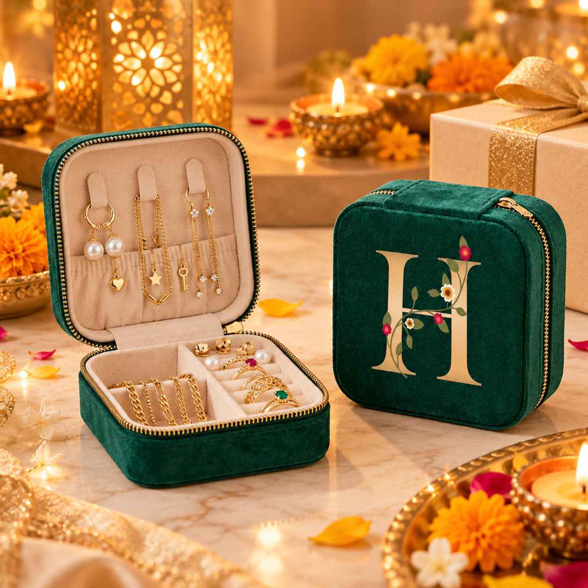 Velvet Travel Jewellery Box | Compact & Stylish Organizer - Emerald Green