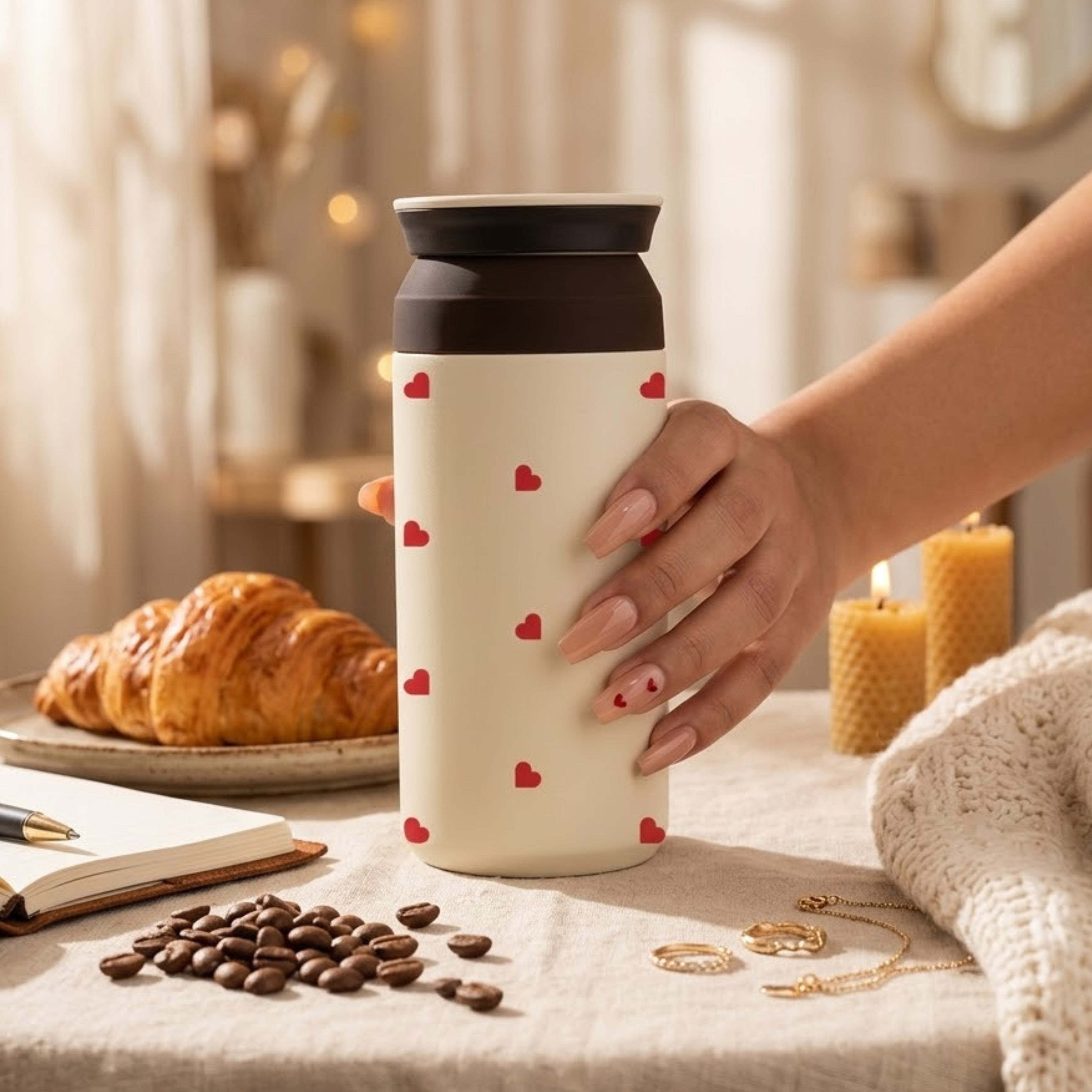 Insulated Coffee Tumbler- All Hearts (Ivory)