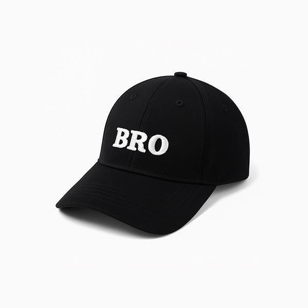 Black cap with 'BRO' text. Gift for bhai