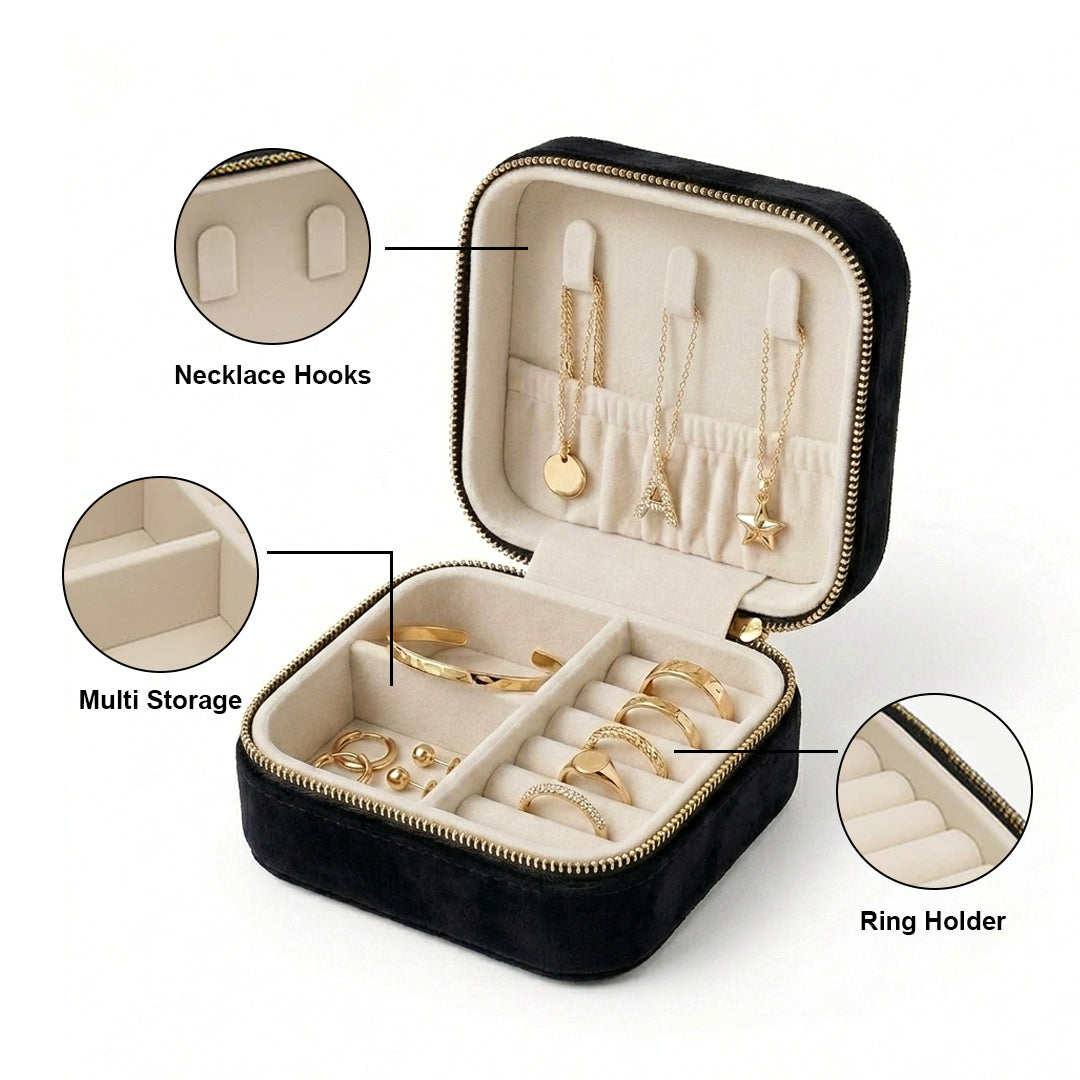 Velvet Travel Jewellery Box | Compact & Stylish Organizer - Black
