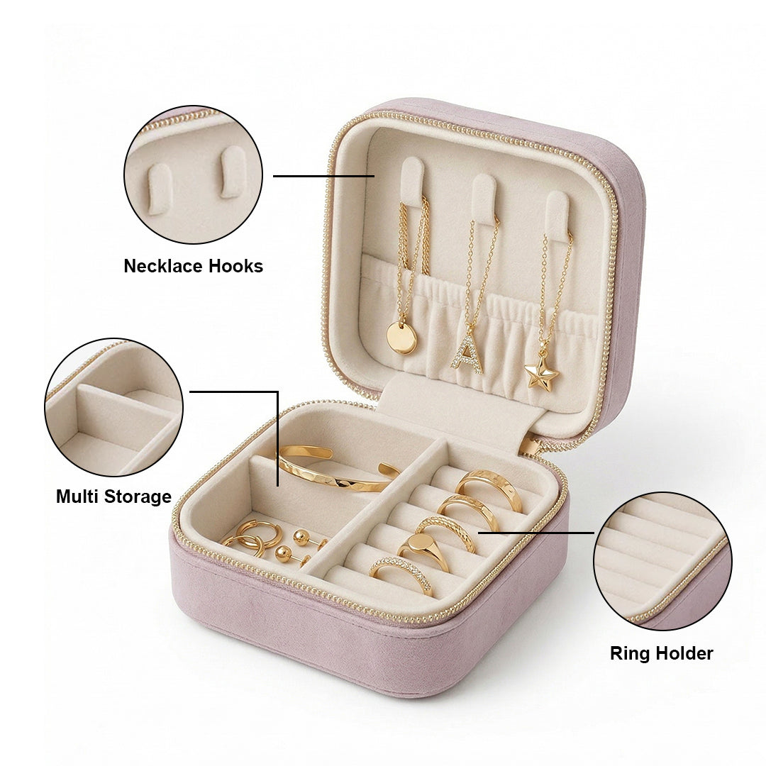 Velvet Travel Jewellery Box | Compact & Stylish Organizer - Powder Pink