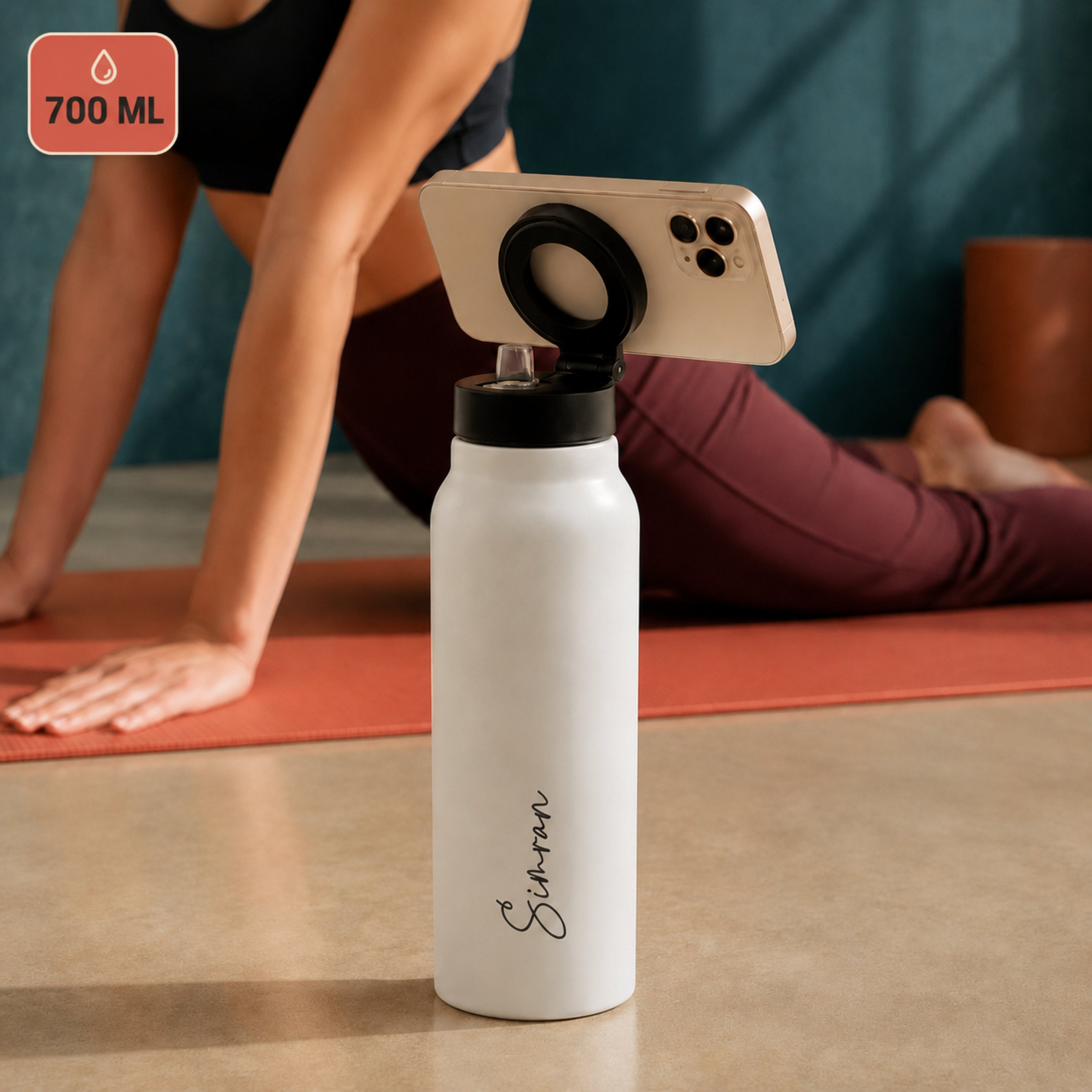 AquaStand - Magnetic Phone Mount Insulated Water Bottle with Sip Straw Lid - White