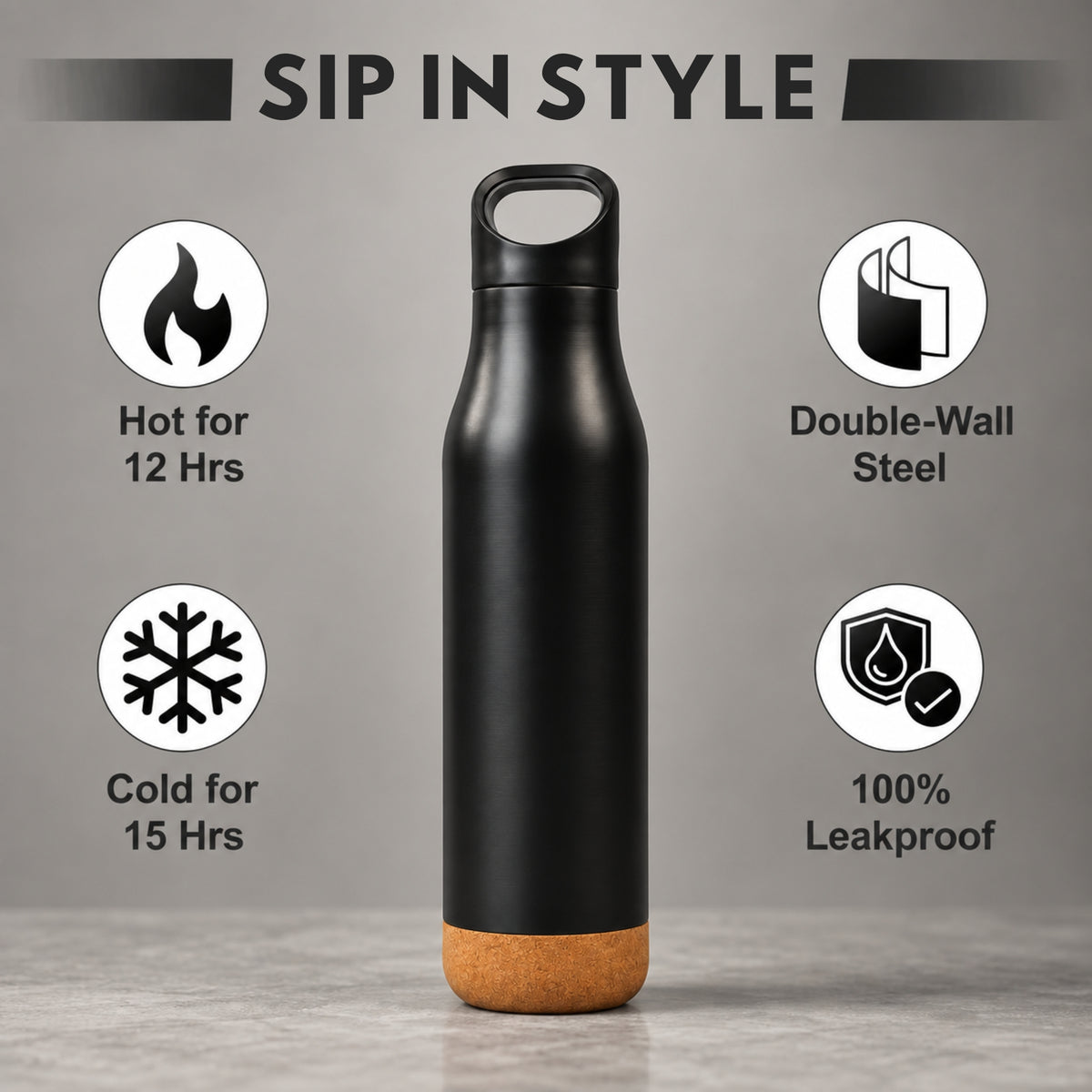 Kairo Cork Bottle with Handle – Black