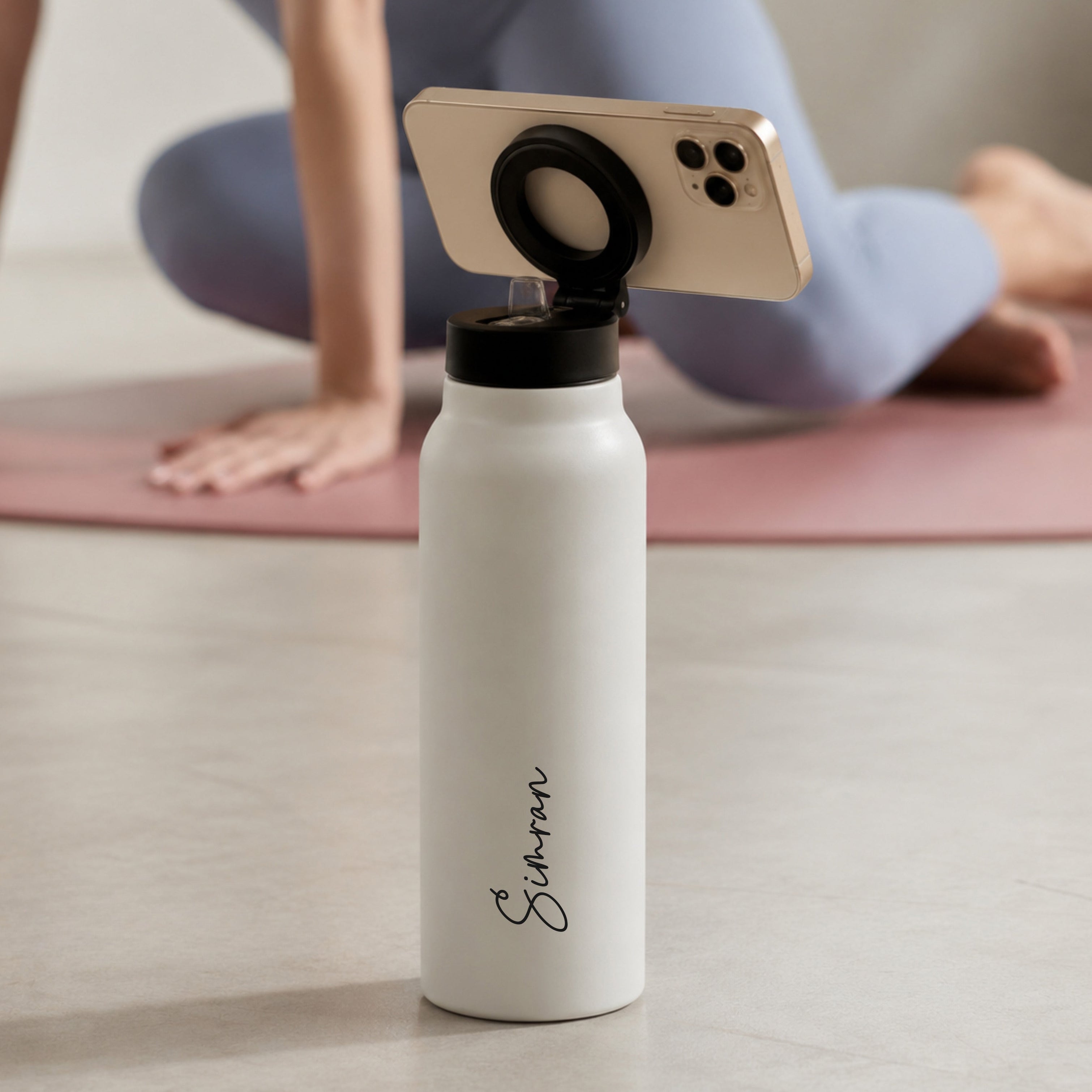White steel water bottle with phone stand and sipper straw