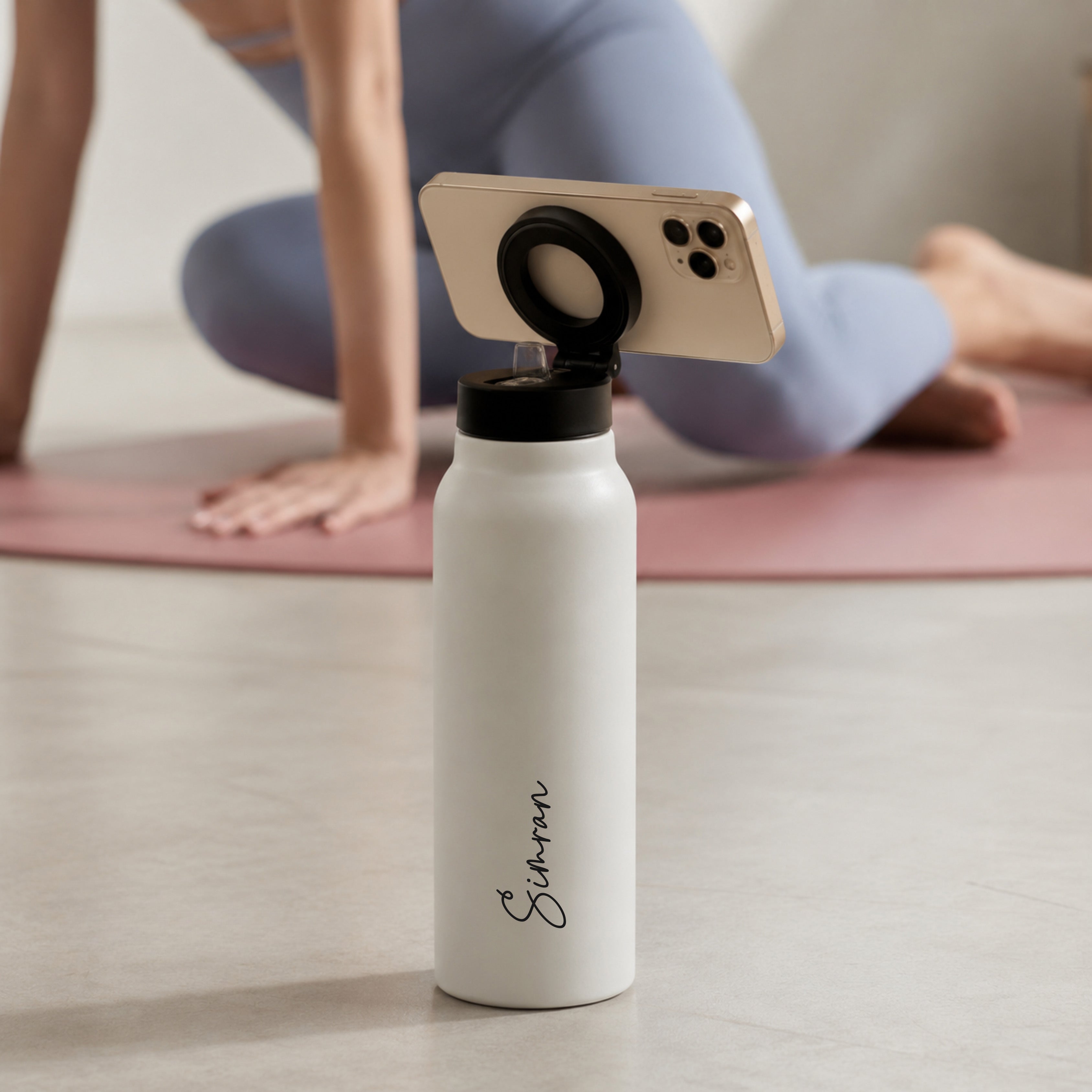 AquaStand - Insulated Water Bottle with Magnetic Phone Mount & Sip Straw Lid - White