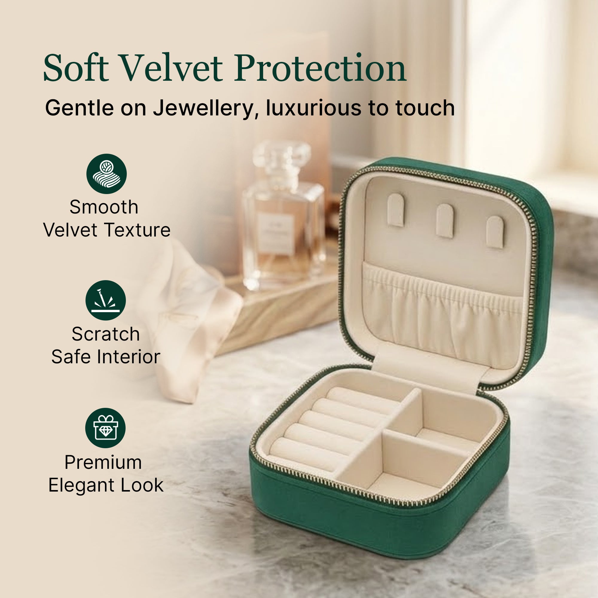 Velvet Travel Jewellery Box | Compact & Stylish Organizer - Emerald Green