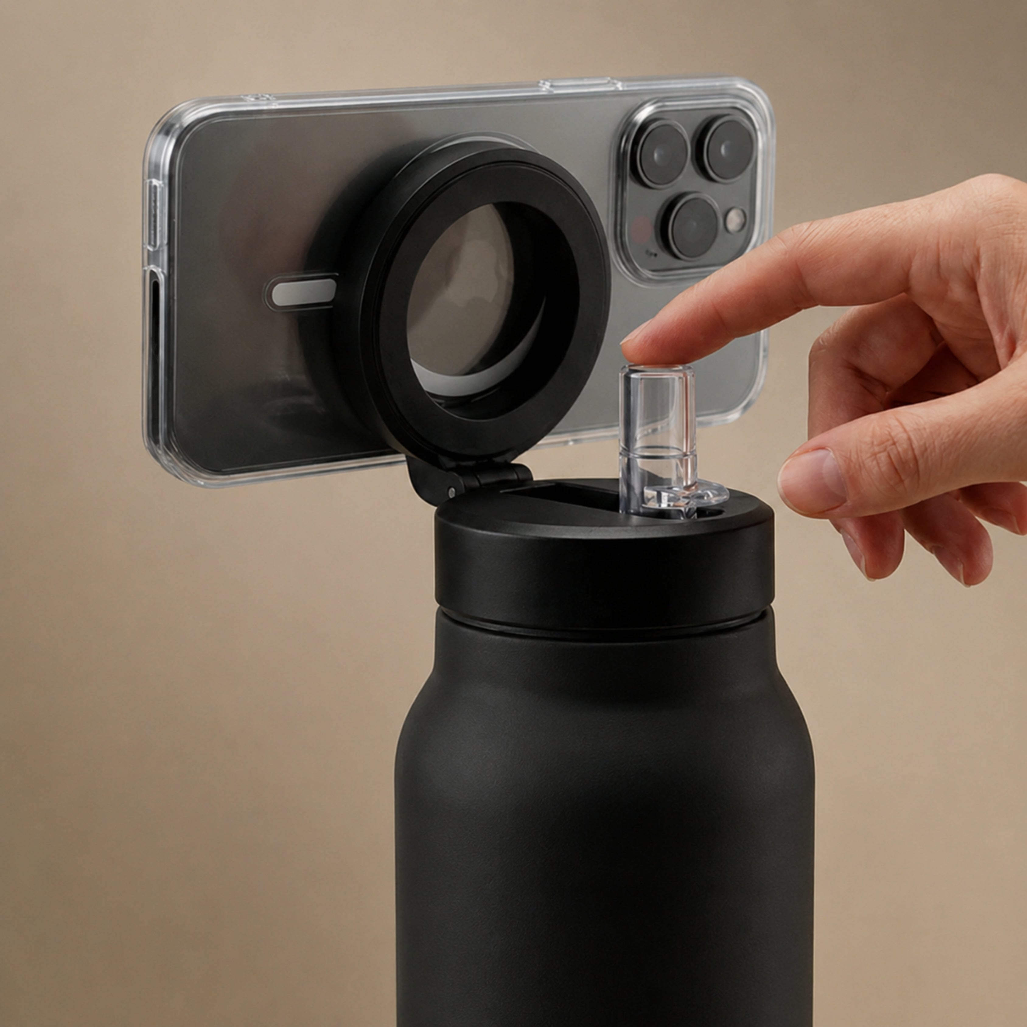 AquaStand - Magnetic Phone Mount Insulated Water Bottle with Sip Straw Lid - Black