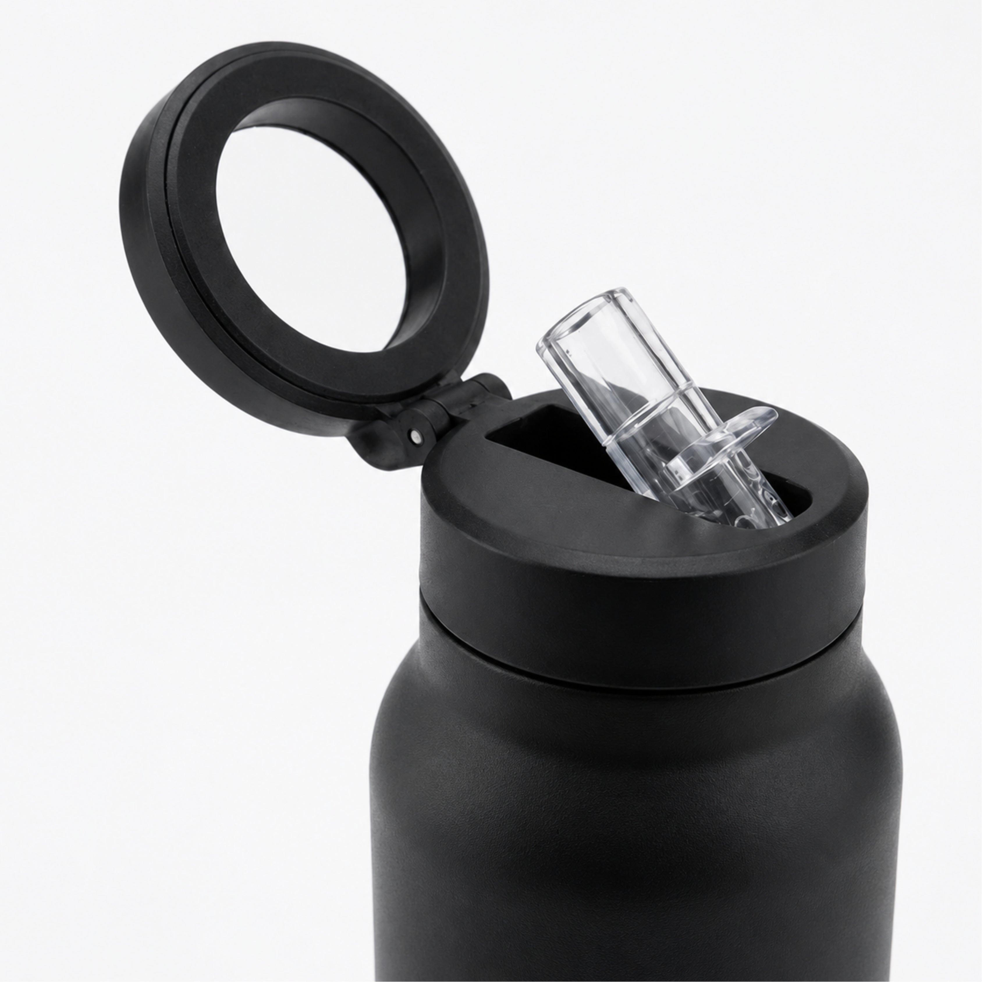 AquaStand - Magnetic Phone Mount Insulated Water Bottle with Sip Straw Lid - Black