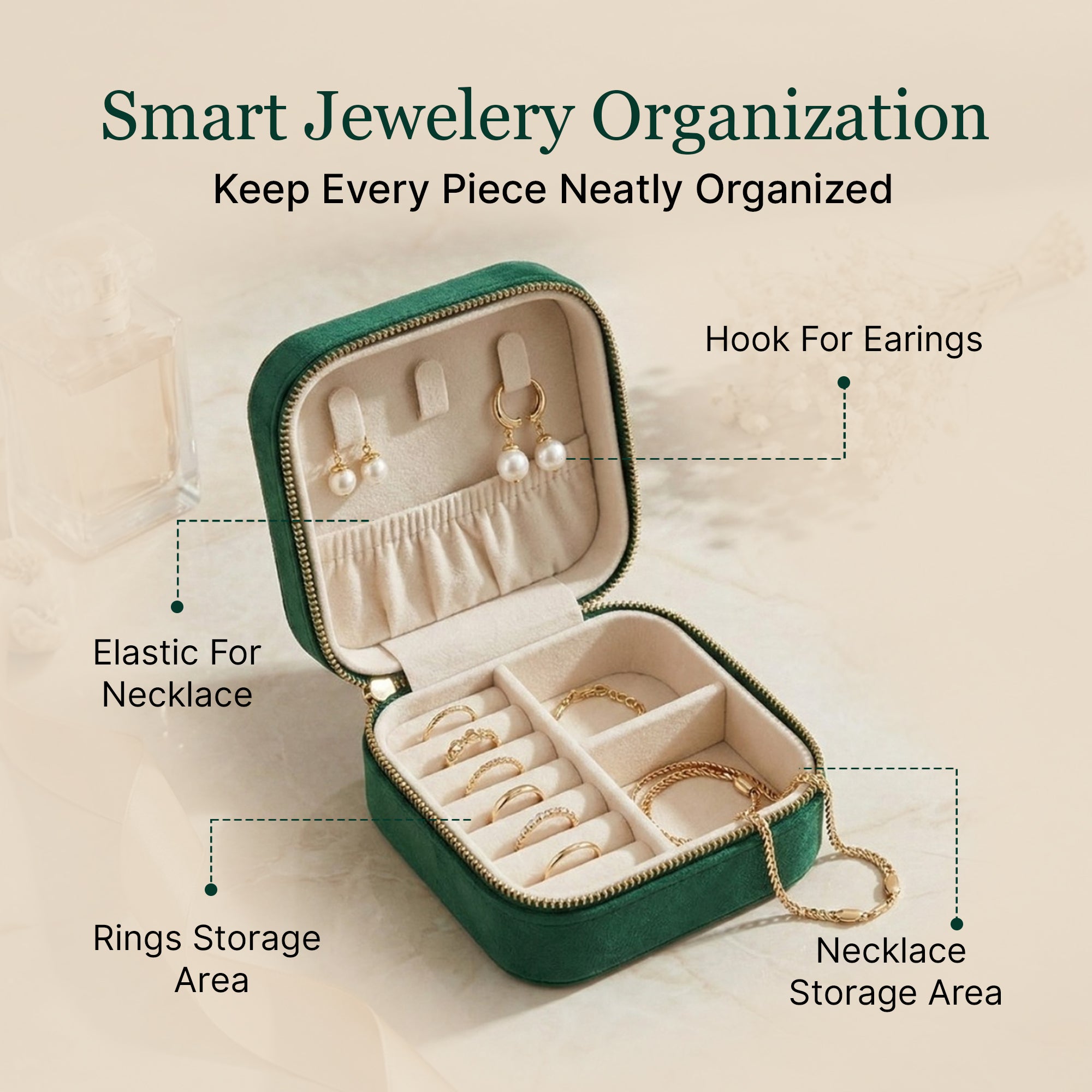 Velvet Travel Jewellery Box | Compact & Stylish Organizer - Emerald Green