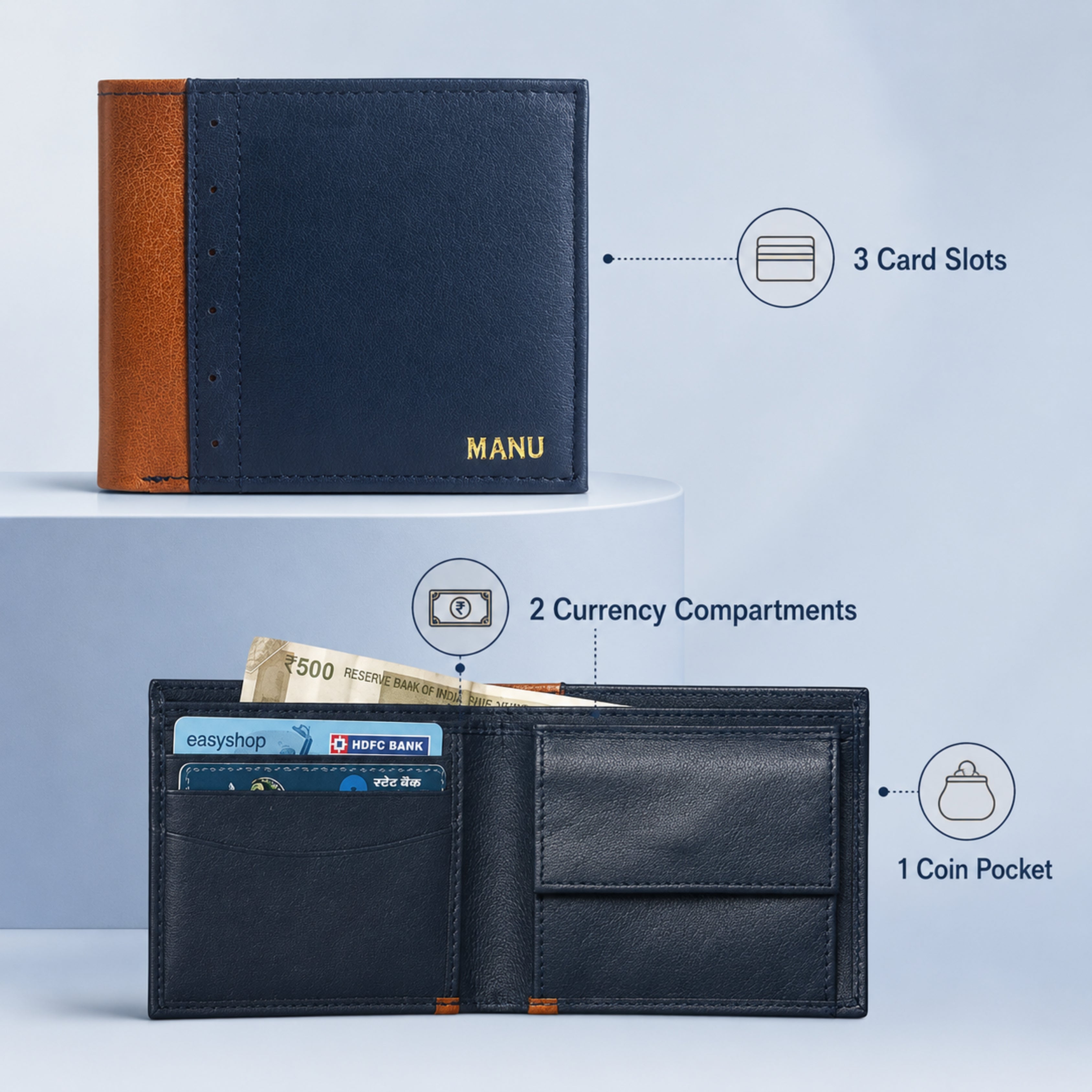Personalized Leather Men's Wallet - Blue