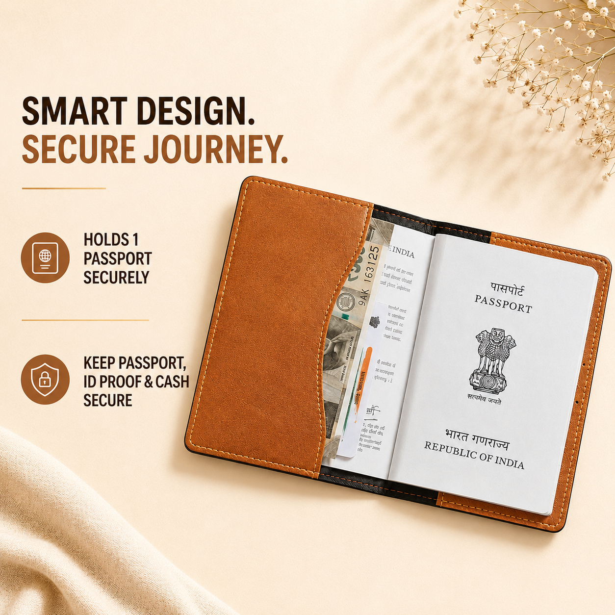 Brown passport holder with an open passport on a beige background