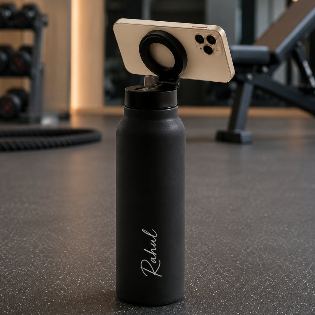 AquaStand - Magnetic Phone Mount Insulated Water Bottle with Sip Straw Lid - Black