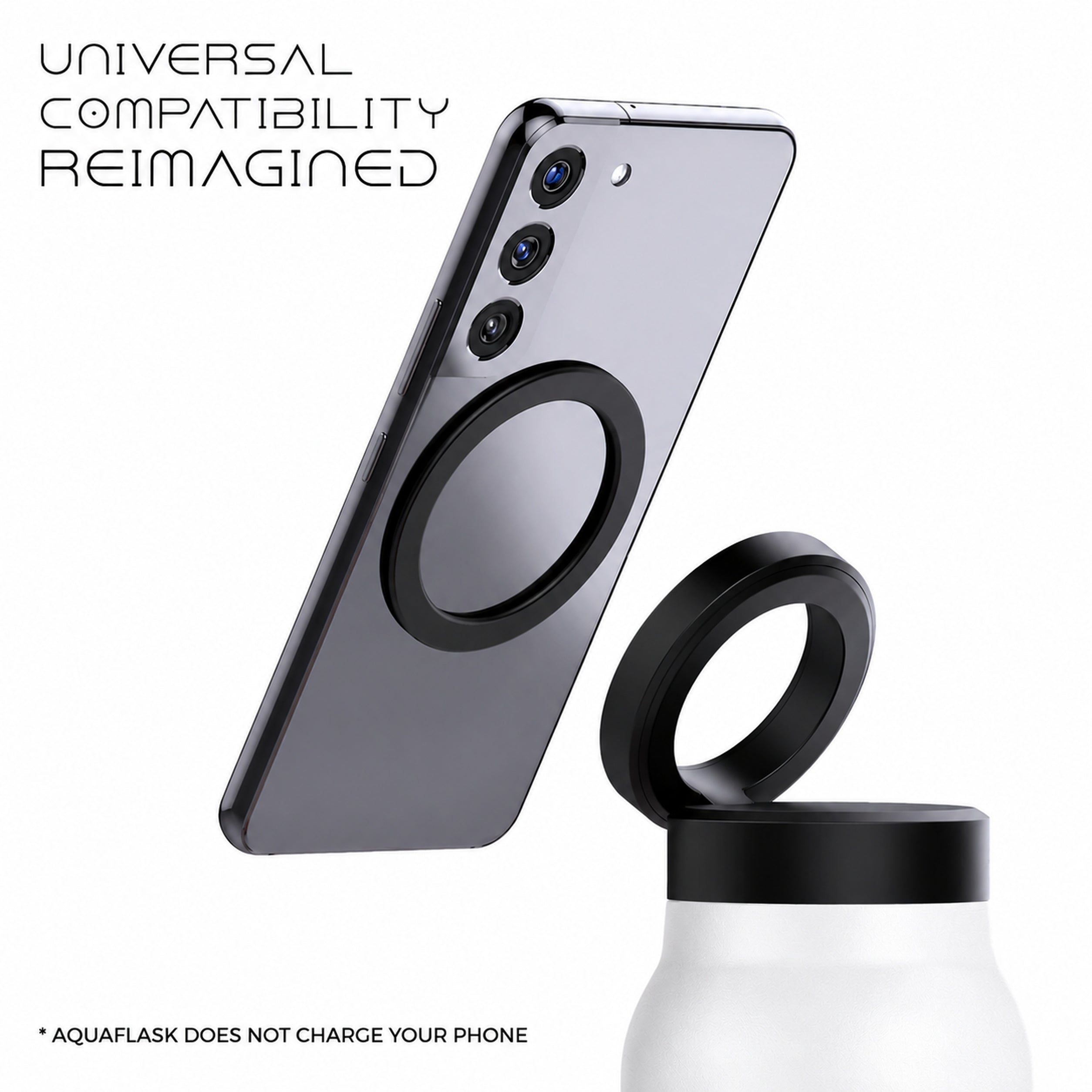 AquaStand - Magnetic Phone Mount Insulated Water Bottle with Sip Straw Lid - White