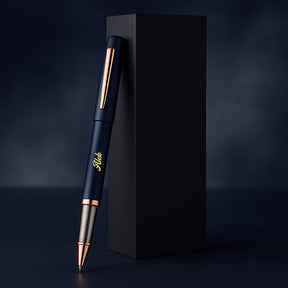 Luxury metal pen with rose gold accents on a dark background