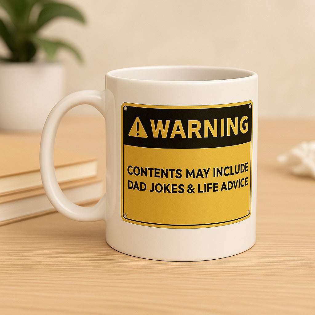 Ceramic Mug – Dad Joke Mug | Warning Label Coffee Cup for Father’s Day