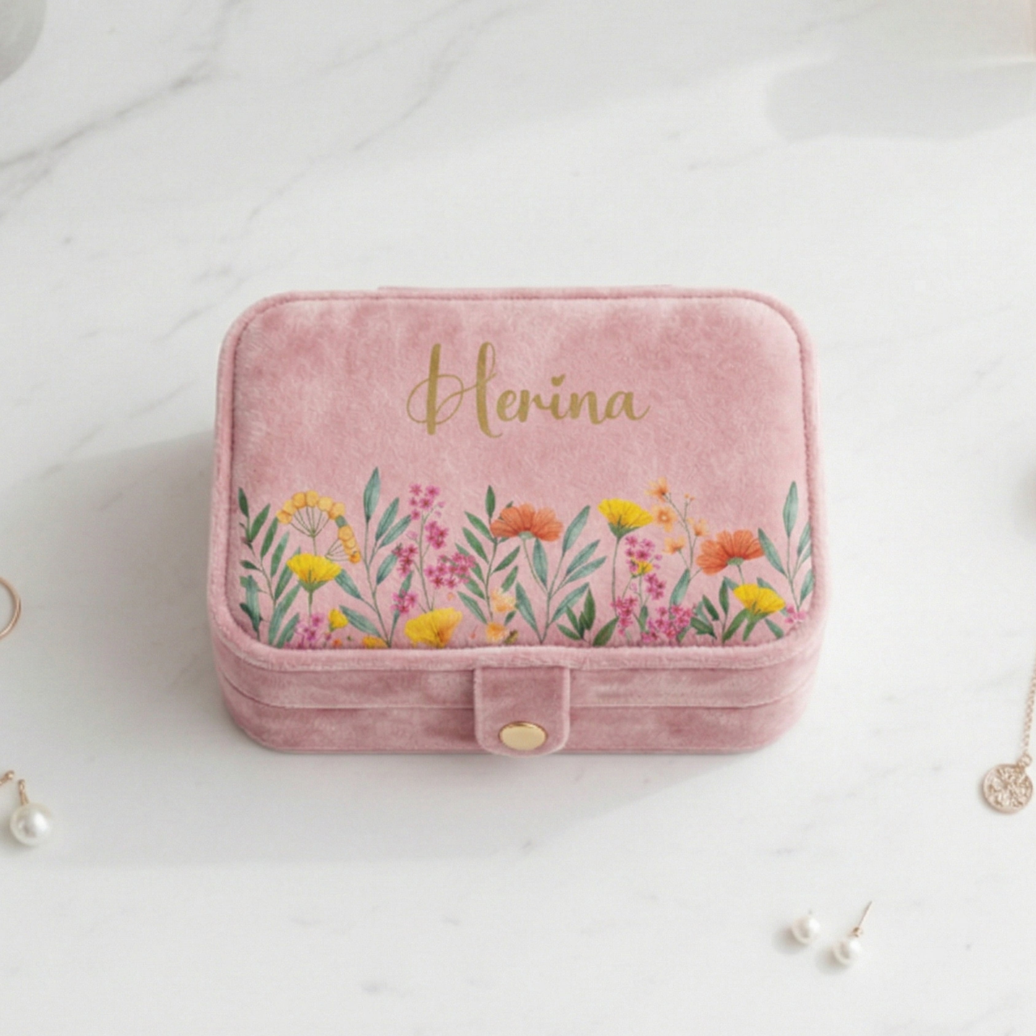 Floral Personalized Travel Jewellery Organizer – Baby Pink