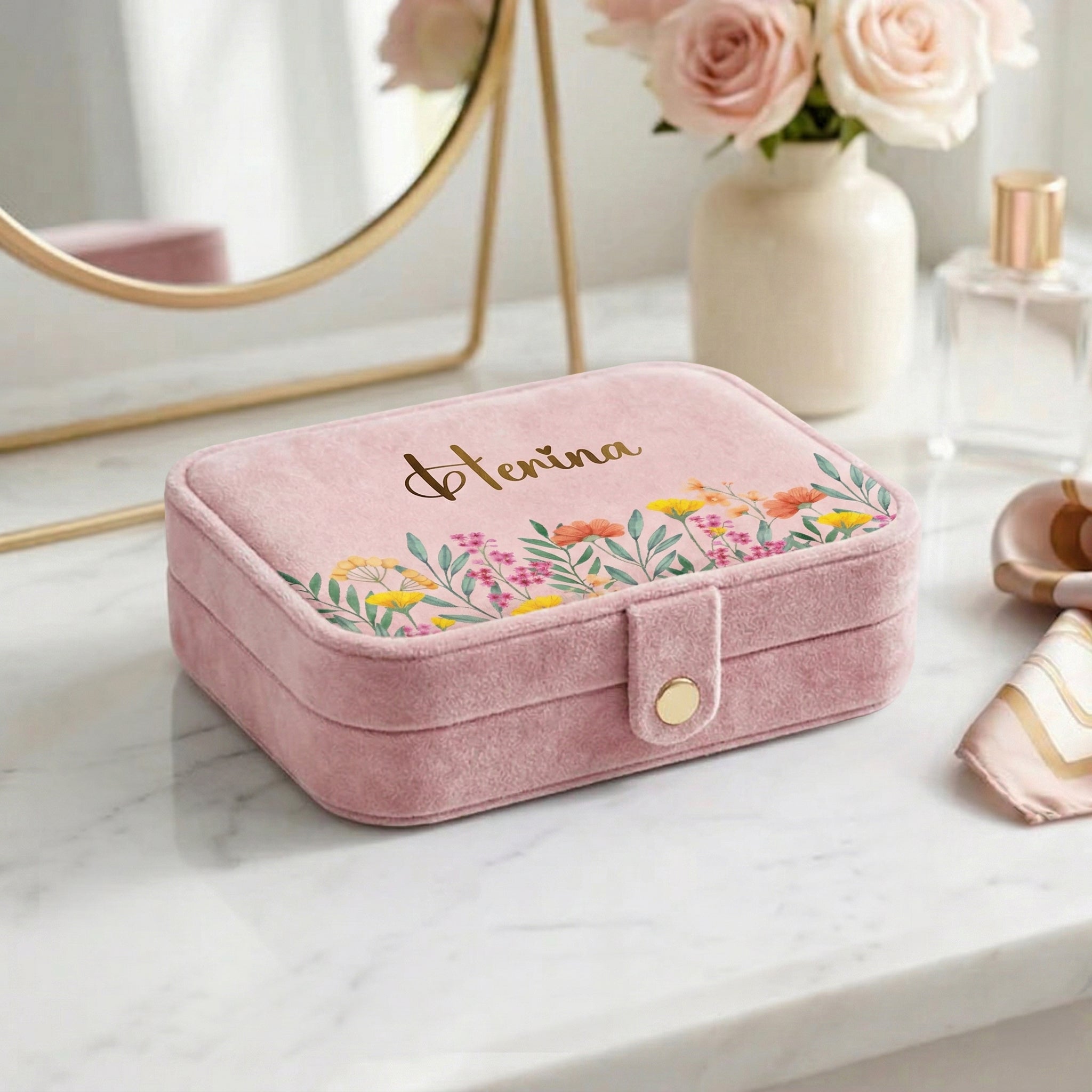Floral Personalized Travel Jewellery Organizer – Baby Pink