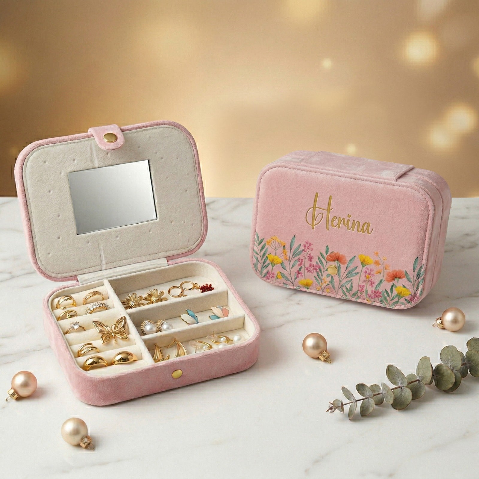 Floral Personalized Travel Jewellery Organizer – Baby Pink