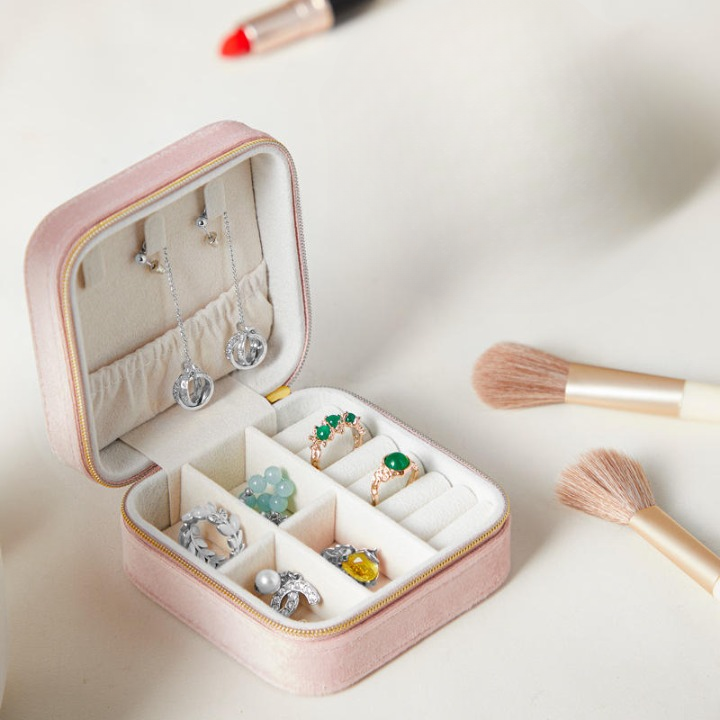 Velvet Travel Jewellery Box | Compact & Stylish Organizer - Powder Pink
