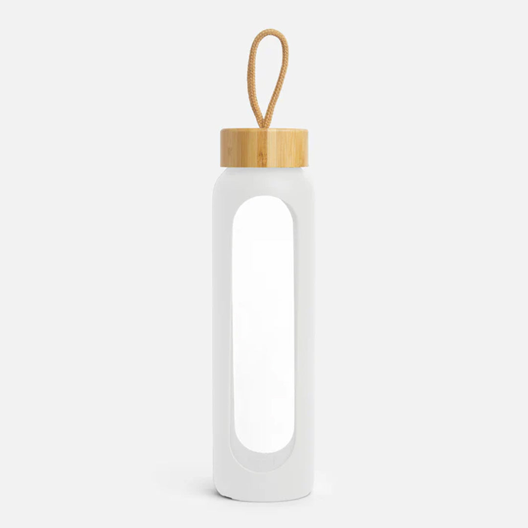 Hydro Tracker – Motivational Water Bottle with Time Markers & Bamboo Lid - White