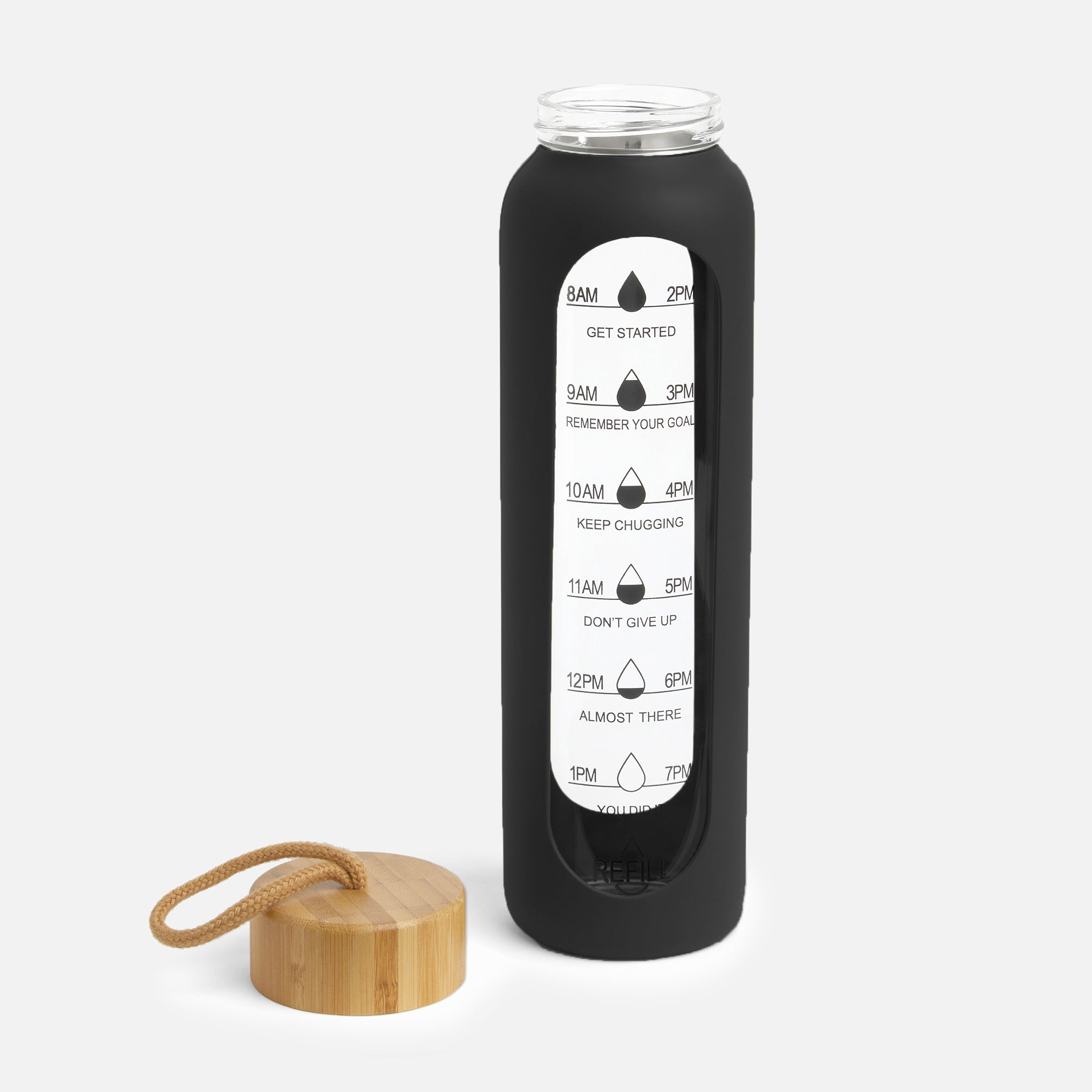 Hydro Tracker – Motivational Water Bottle with Time Markers & Bamboo Lid - Black