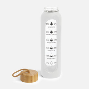 Hydro Tracker – Motivational Water Bottle with Time Markers & Bamboo Lid - White