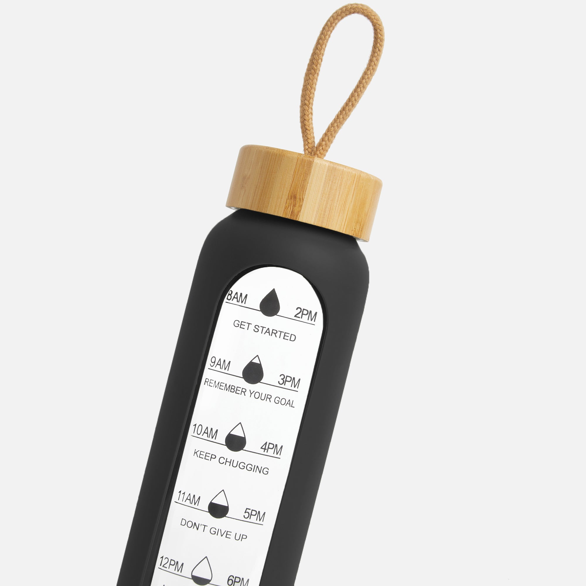 Hydro Tracker – Motivational Water Bottle with Time Markers & Bamboo Lid - Black