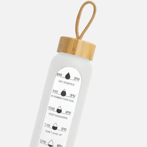 Hydro Tracker – Motivational Water Bottle with Time Markers & Bamboo Lid - White