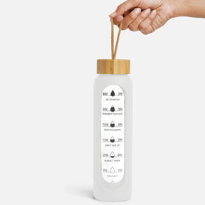 Hydro Tracker – Motivational Water Bottle with Time Markers & Bamboo Lid - White