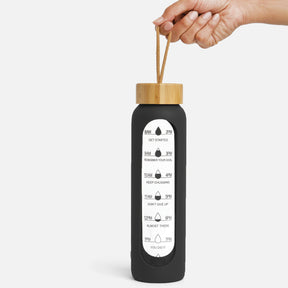 Hydro Tracker – Motivational Water Bottle with Time Markers & Bamboo Lid - Black