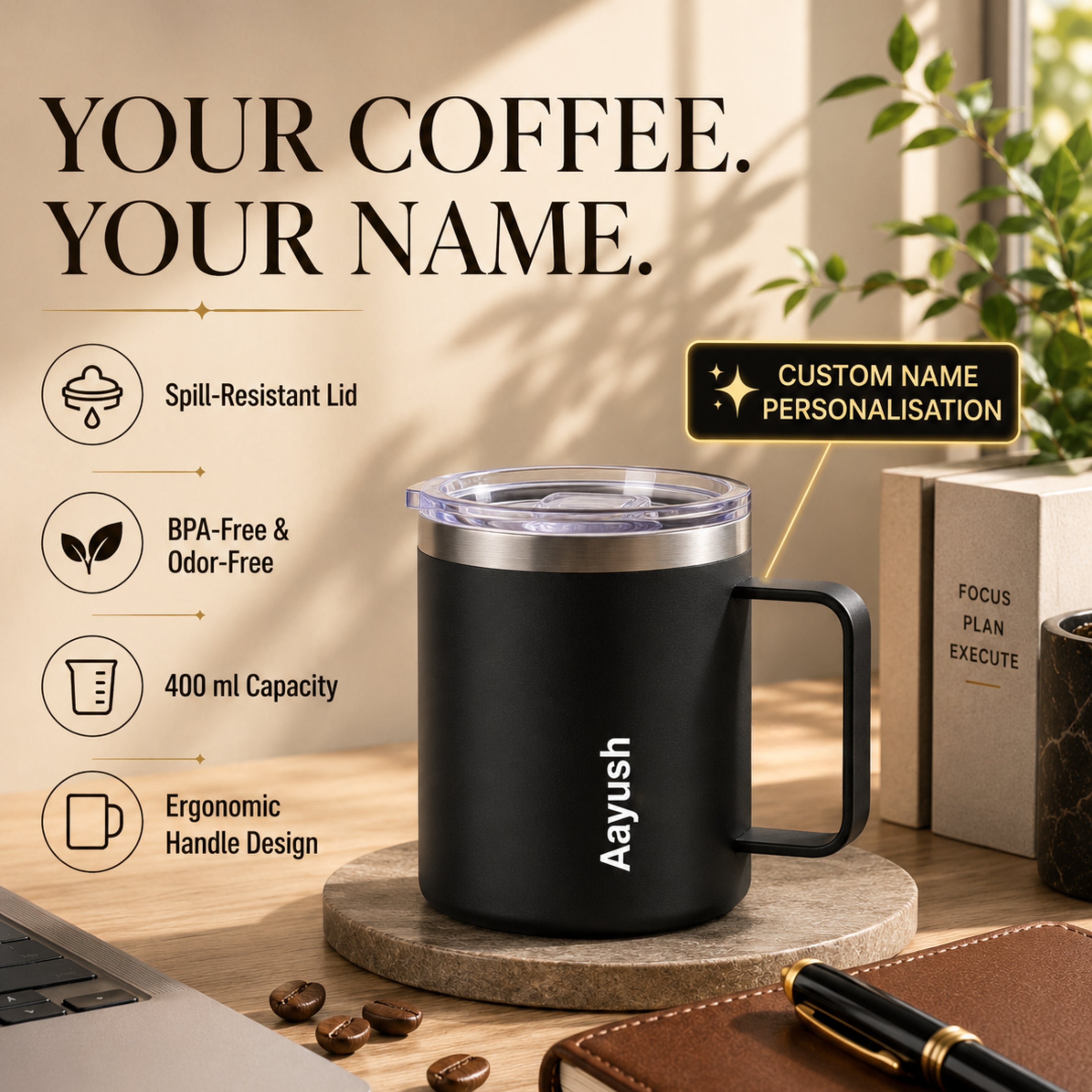 Personalised Insulated Mug - Black (400 ML)
