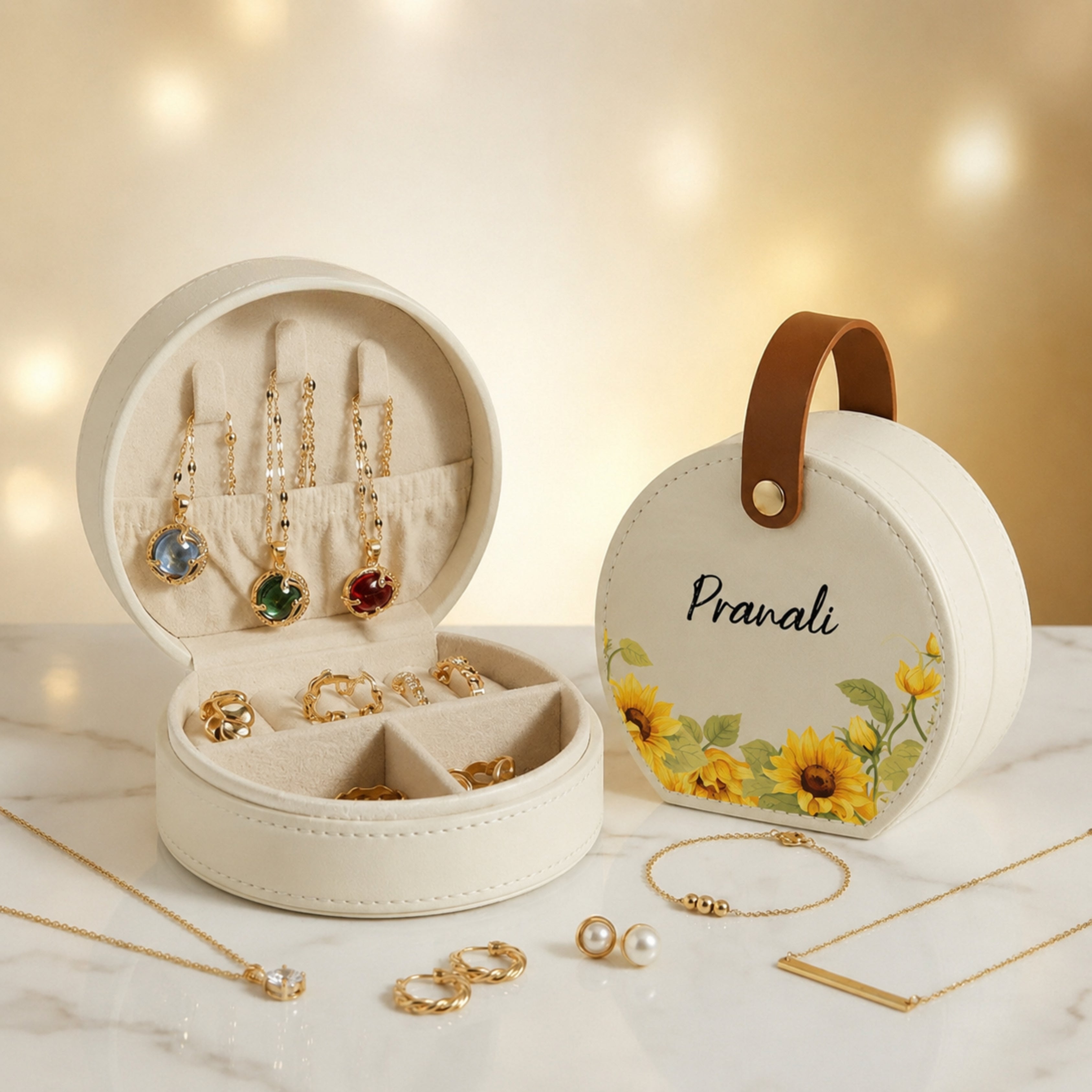Stella Travel Jewellery Box | Compact & Stylish Organizer- Sunflower (White)
