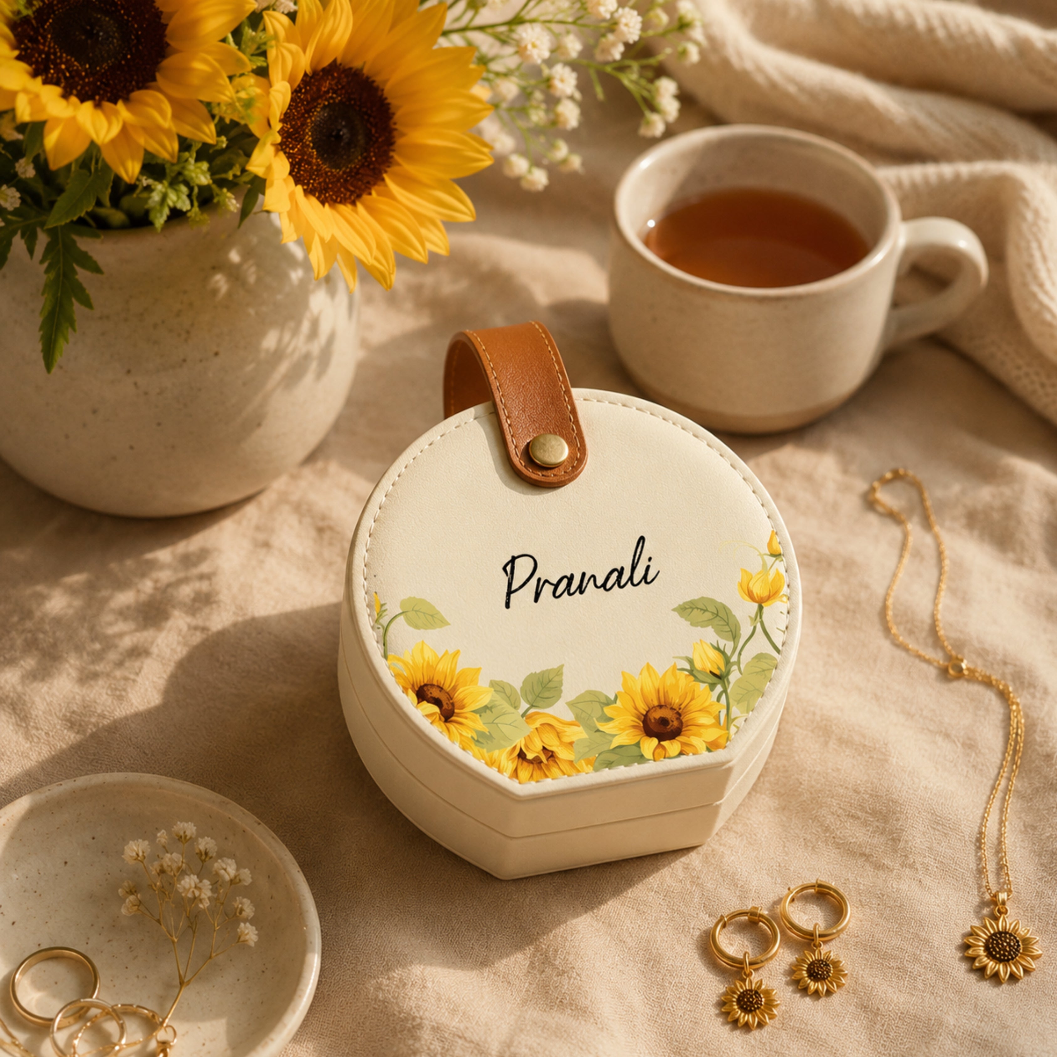 Stella Travel Jewellery Box | Compact & Stylish Organizer- Sunflower (White)
