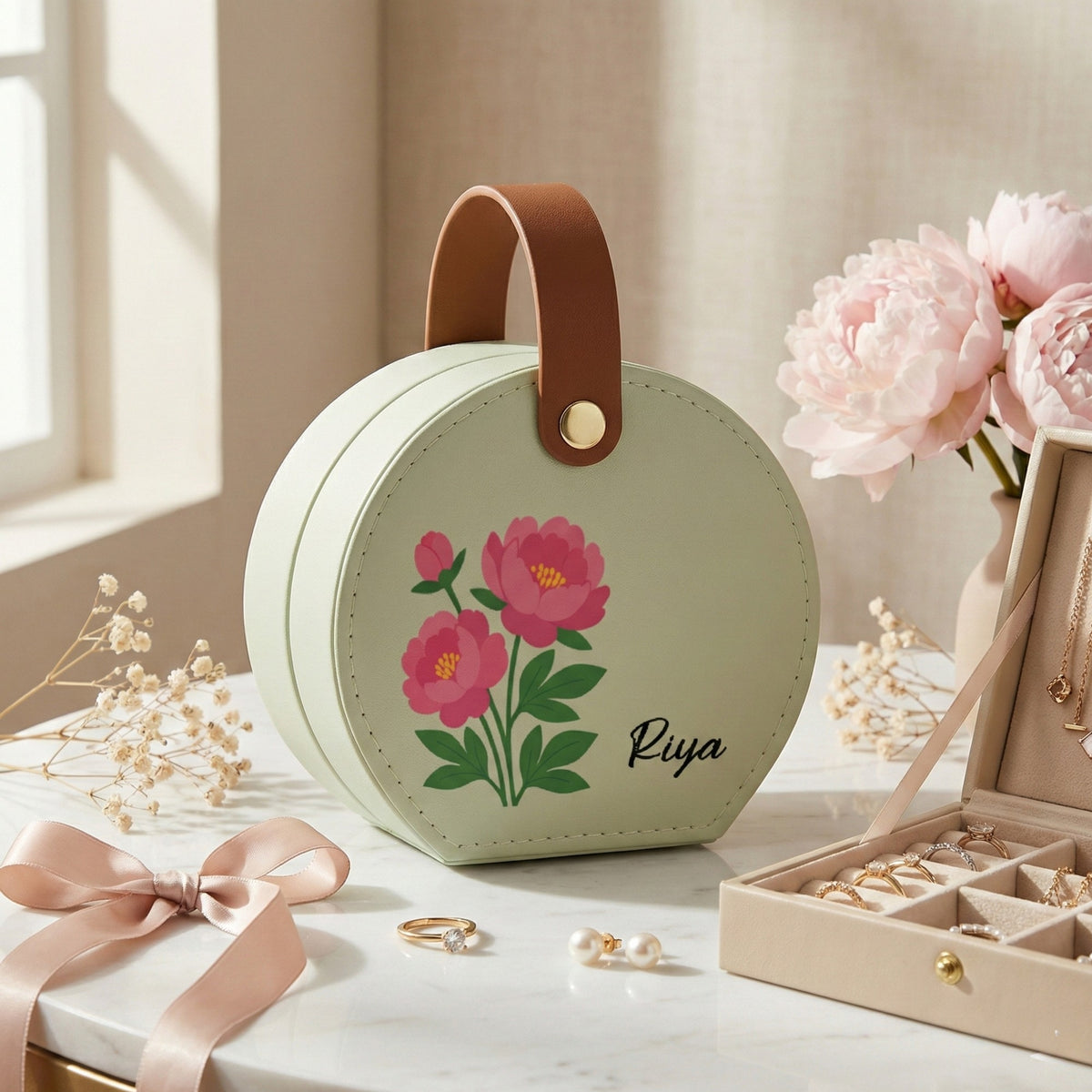 Stella Zip Travel Jewellery Box | Compact & Stylish Organizer- Light Green