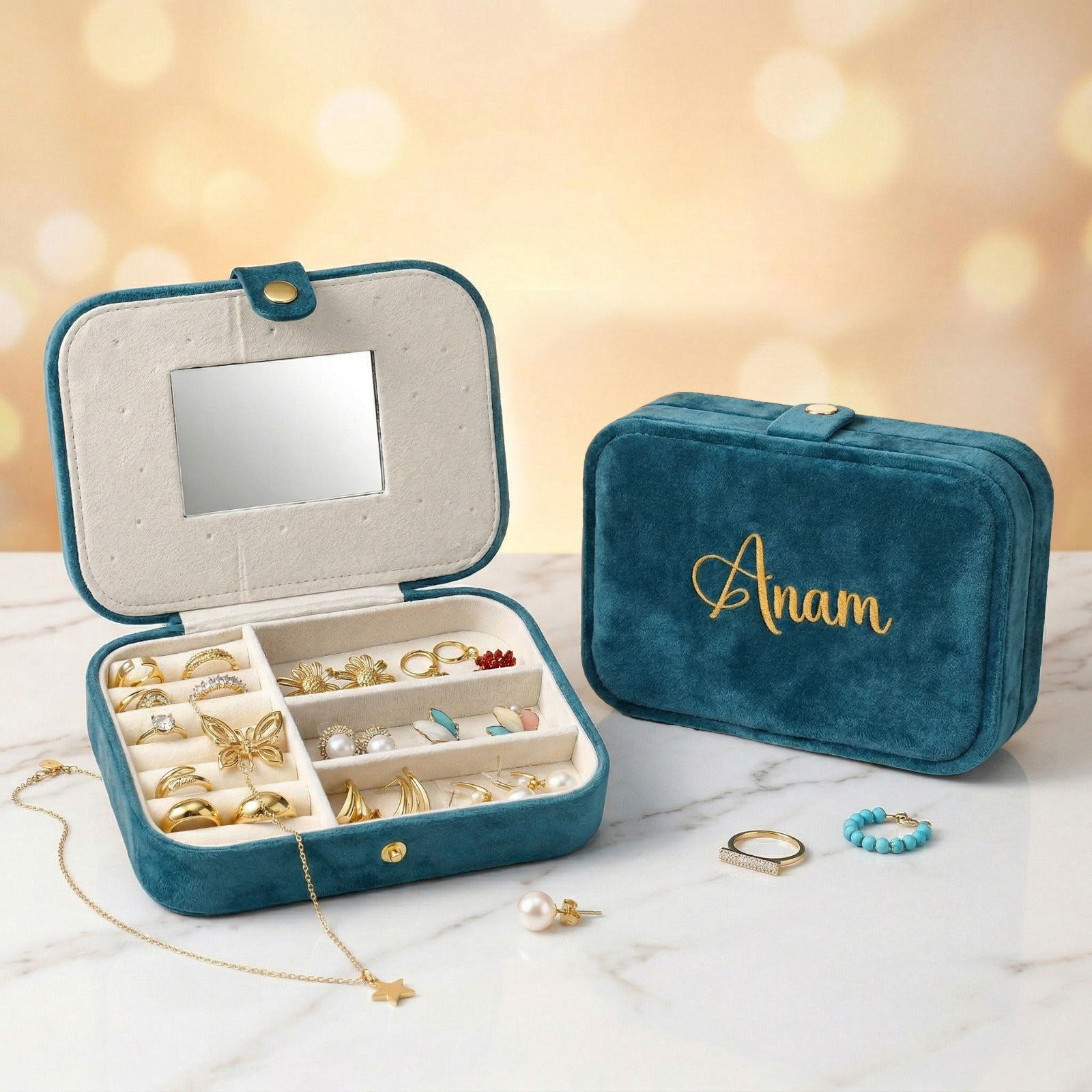 Luxe Jewellery Case – Personalized Velvet Organiser - Turquoise