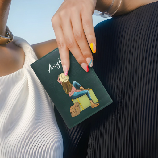 Person holding a small green travel wallet with an illustration of a person sitting on a chair, wearing a white top and black pants.