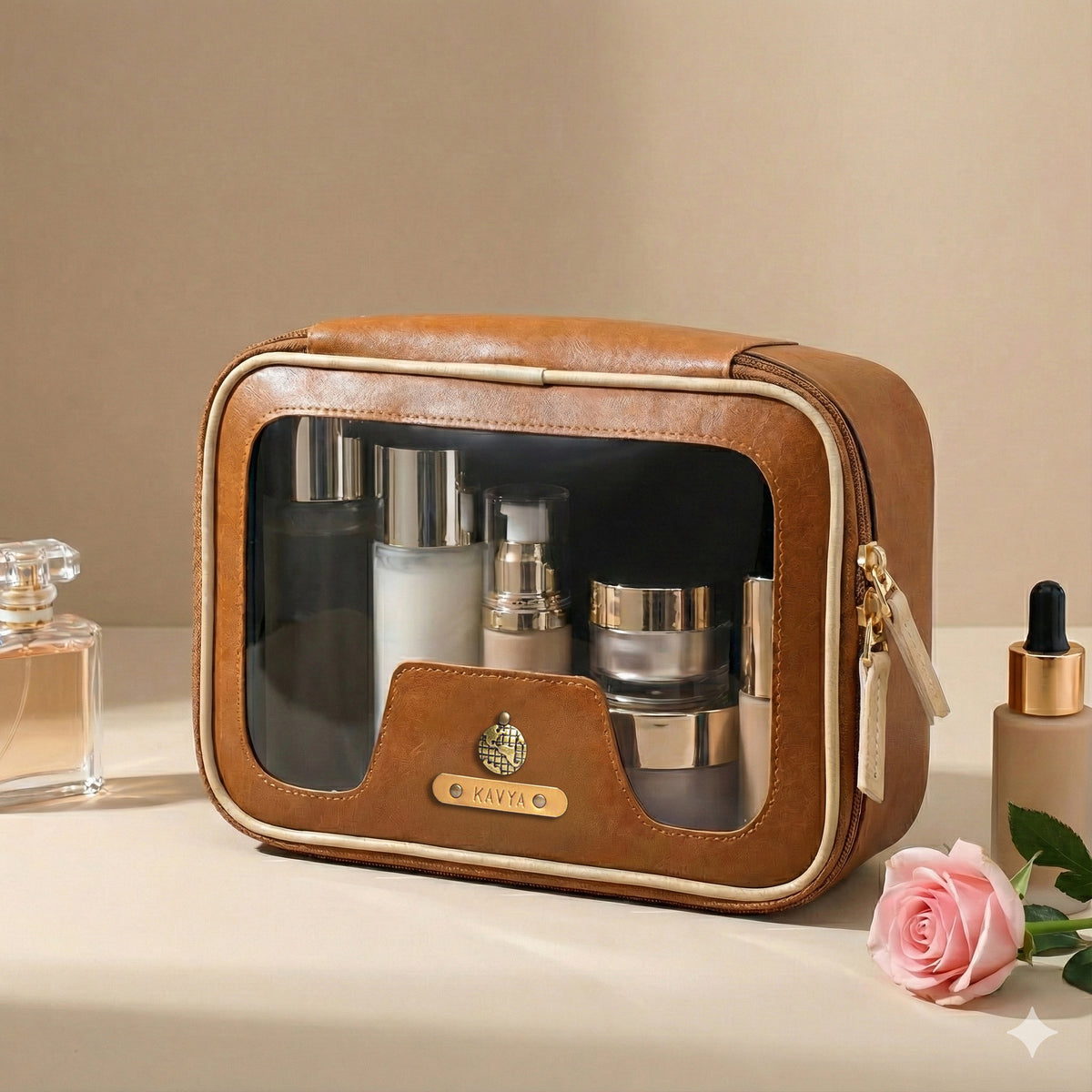 Personalised Zippered Vanity Case - Tan